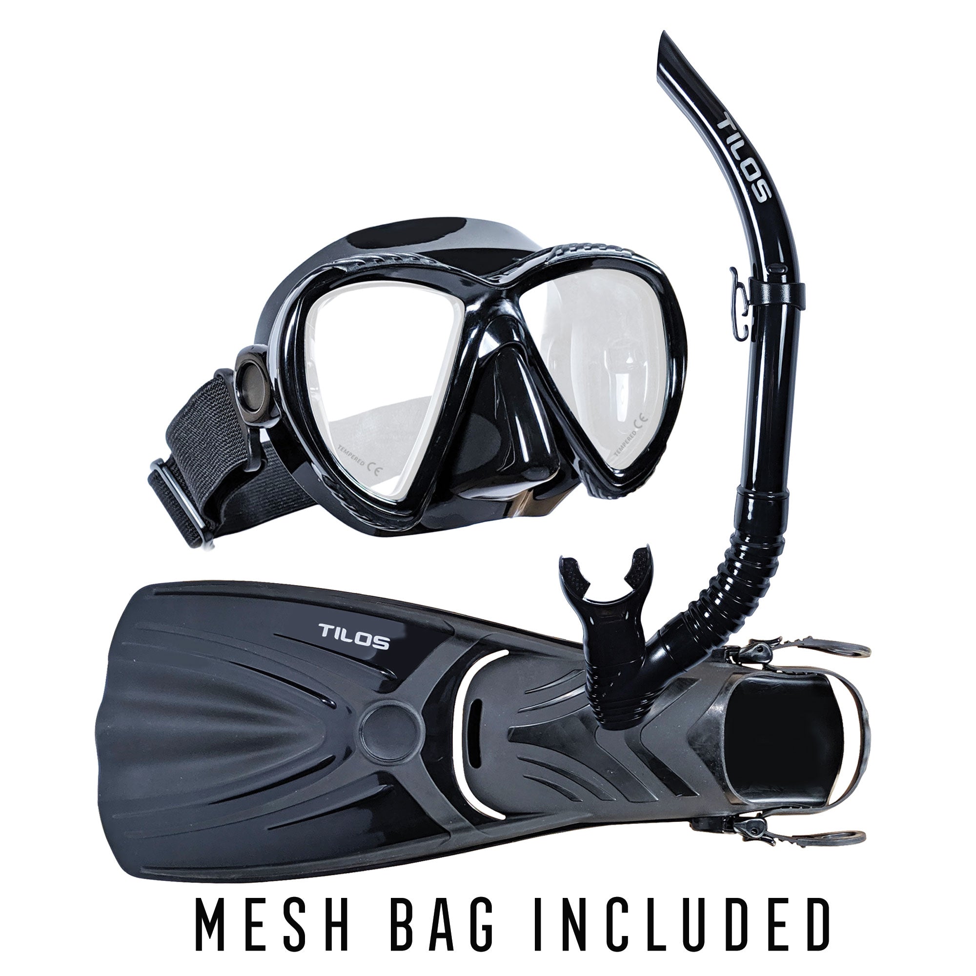 Tilos Cogito Mask with U-Pro II Snorkel and Aubade Fins Package in black — set components detail view