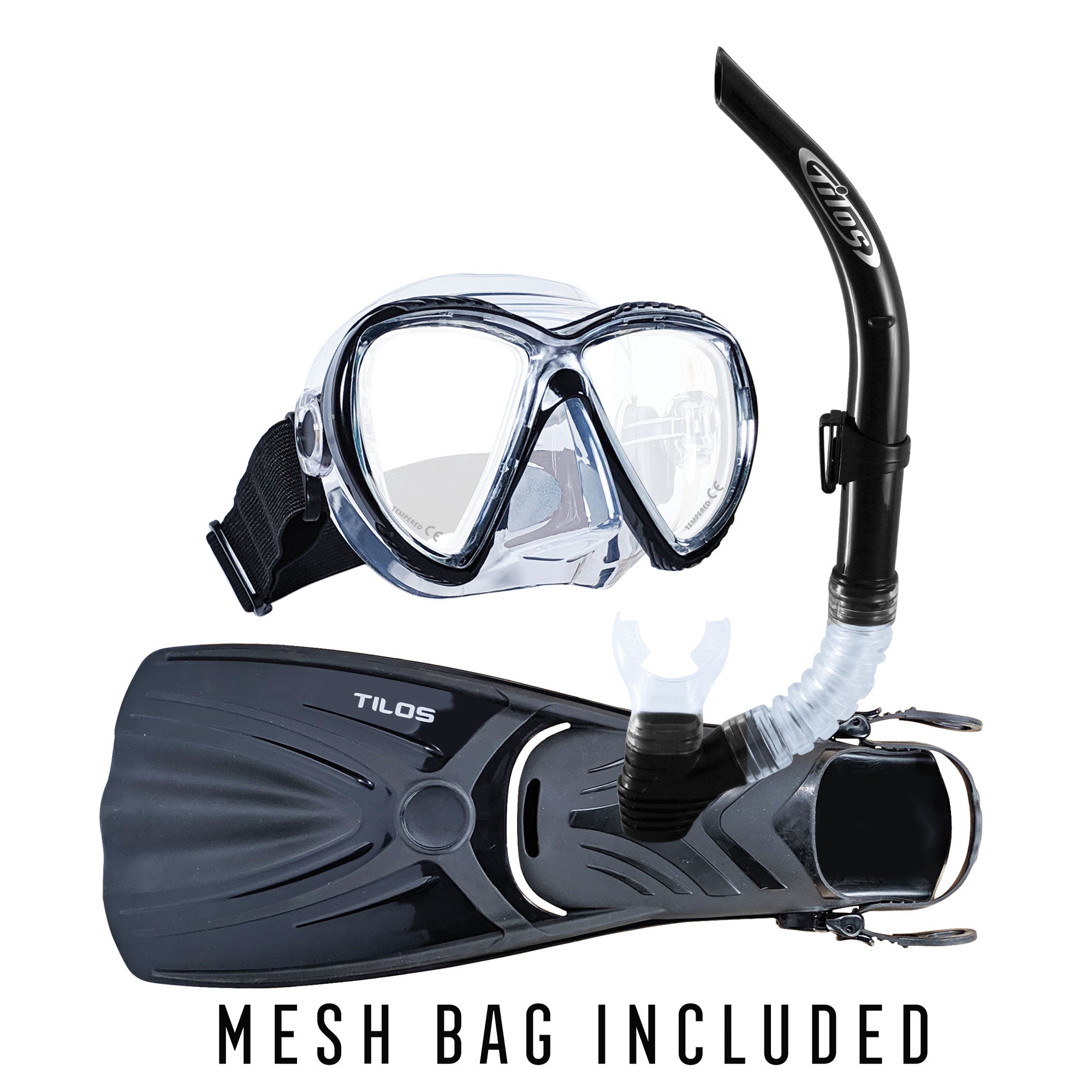 Tilos Cogito Mask with U-Pro II Snorkel and Aubade Fins Package in black — set components detail view