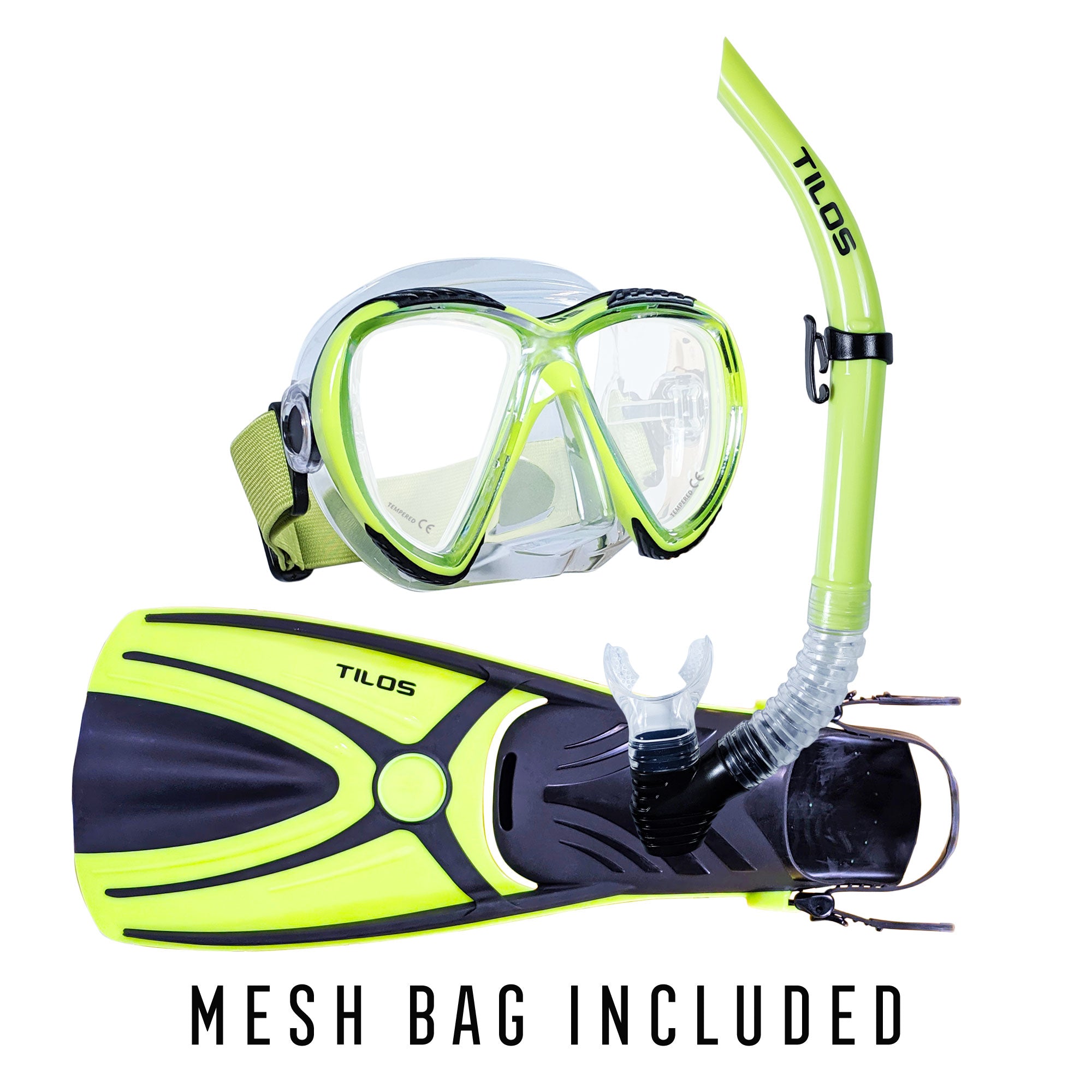 Tilos Cogito Mask with U-Pro II Snorkel and Aubade Fins Package in yellow — complete mask, snorkel, and fin set