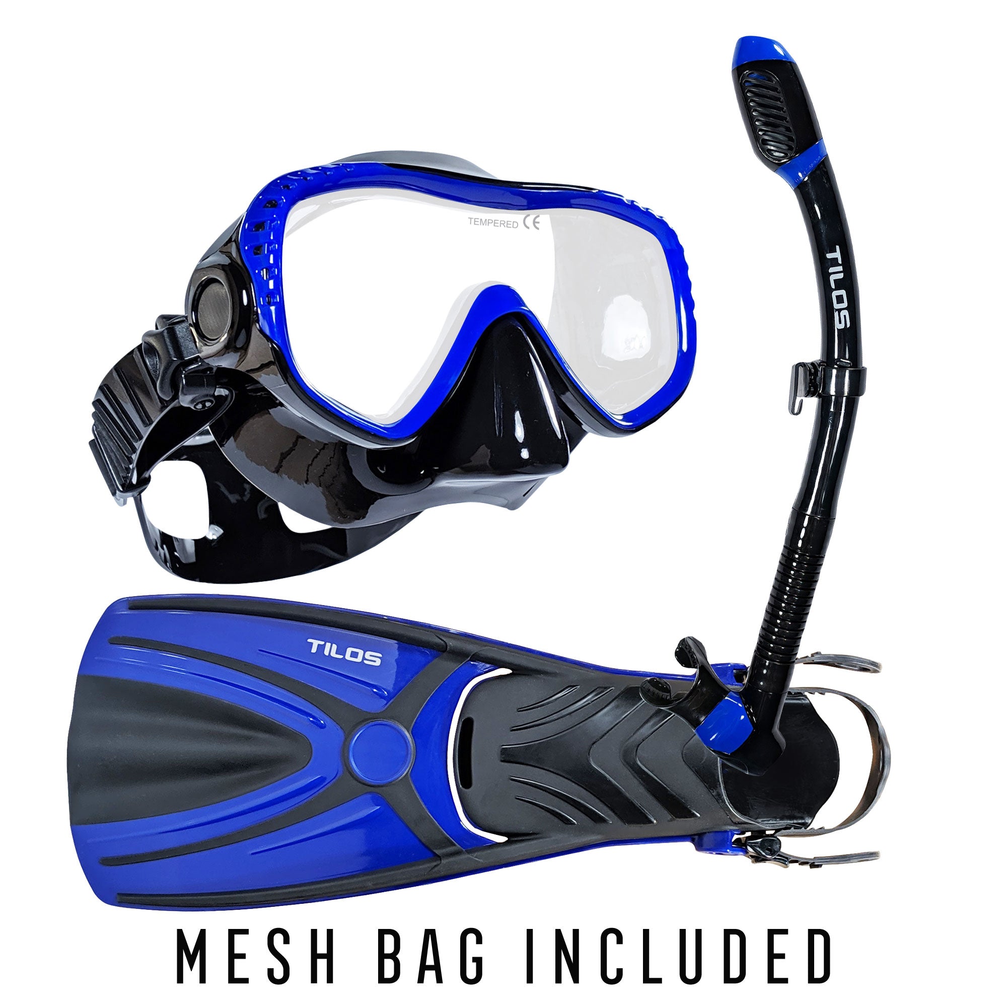 Tilos Visionary II Mask, Diver Sleek Dry Snorkel and Aubade Fins Set in blue — set components detail view