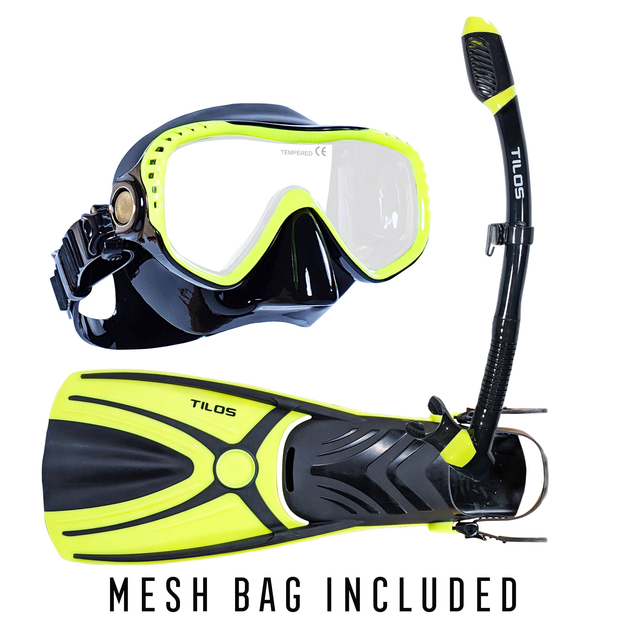 Tilos Visionary II Mask, Diver Sleek Dry Snorkel and Aubade Fins Set in yellow — set components detail view
