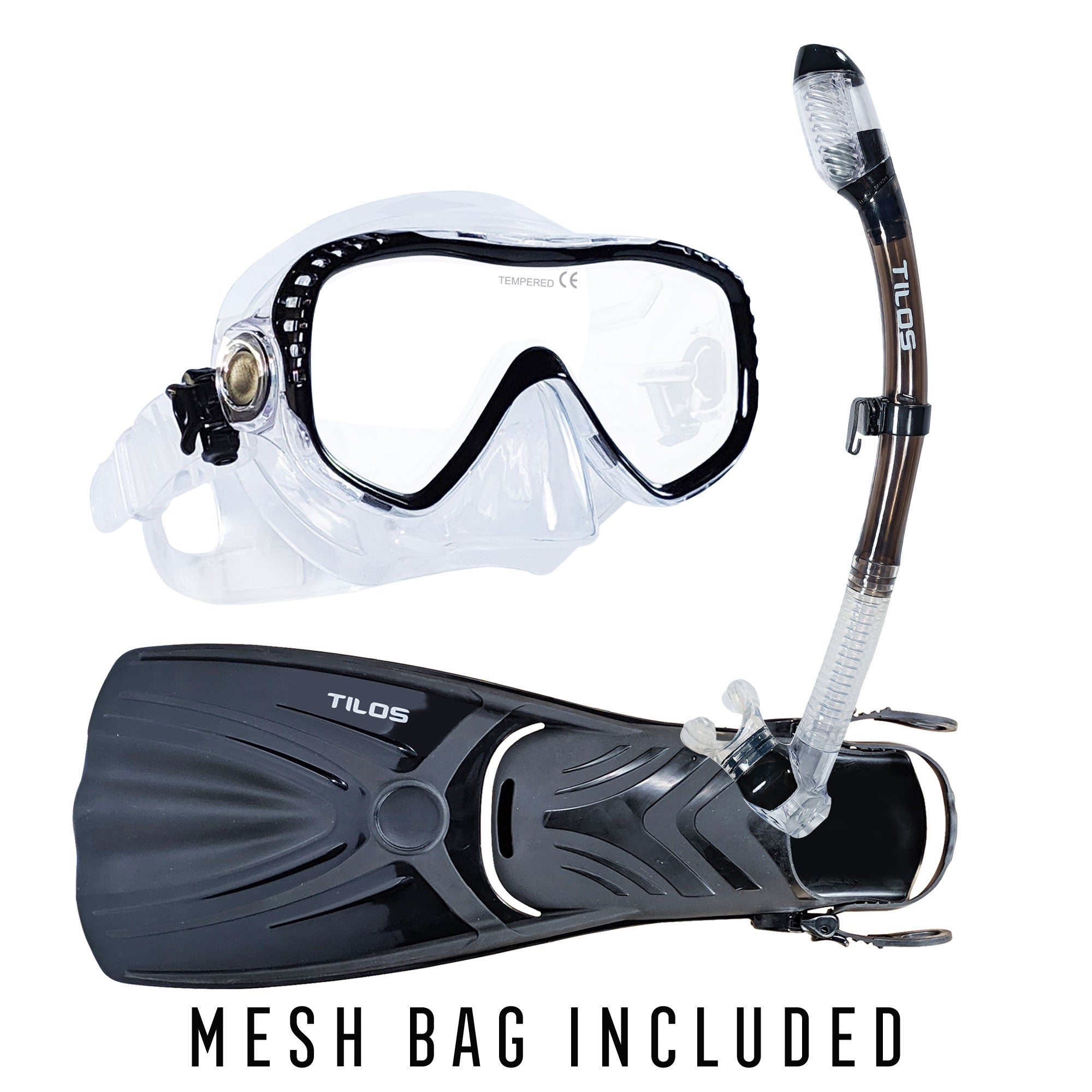 Tilos Visionary II Mask, Diver Sleek Dry Snorkel and Aubade Fins Set in black — set components detail view