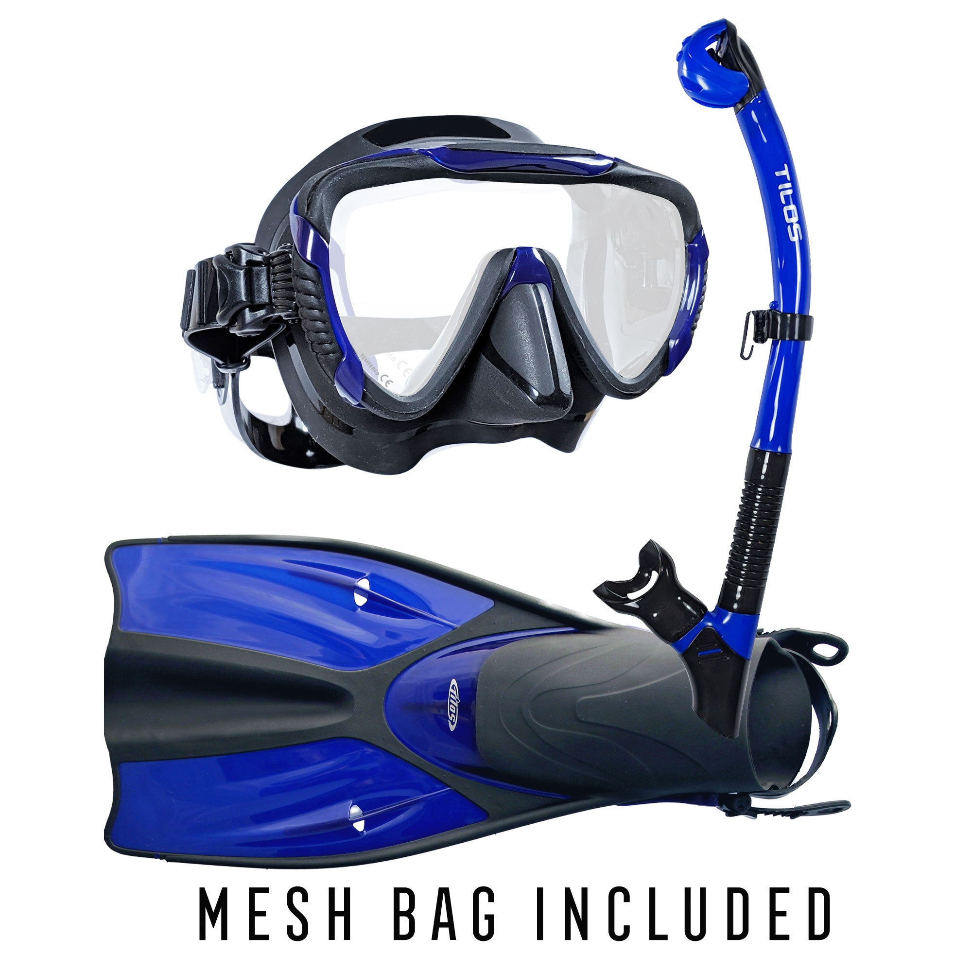 Tilos Morphi Mask with Orion Dry Snorkel and Getaway OH Fins Package in blue — mask and snorkel set, alternate view