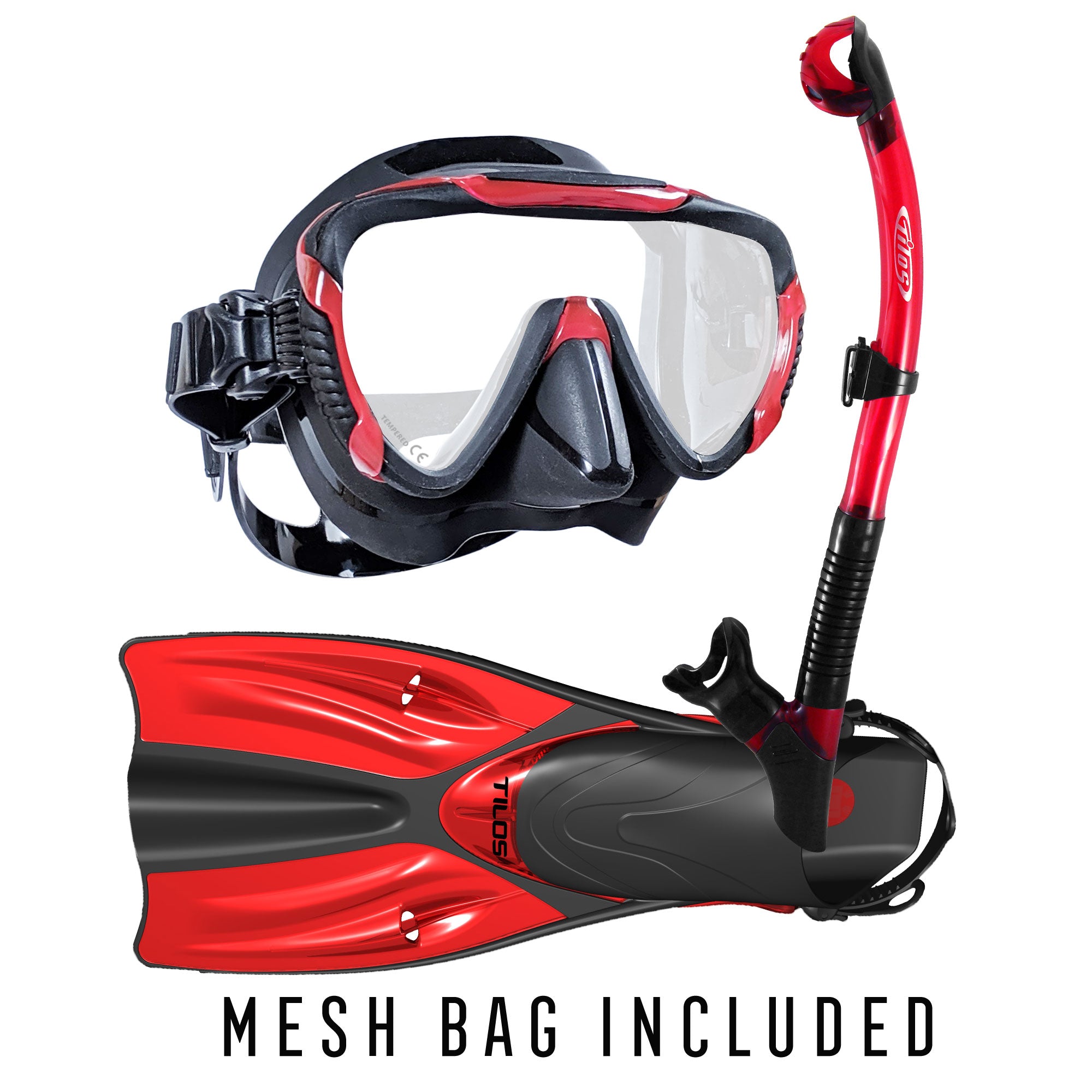 Tilos Morphi Mask with Orion Dry Snorkel and Getaway OH Fins Package in red — mask and snorkel set, alternate view