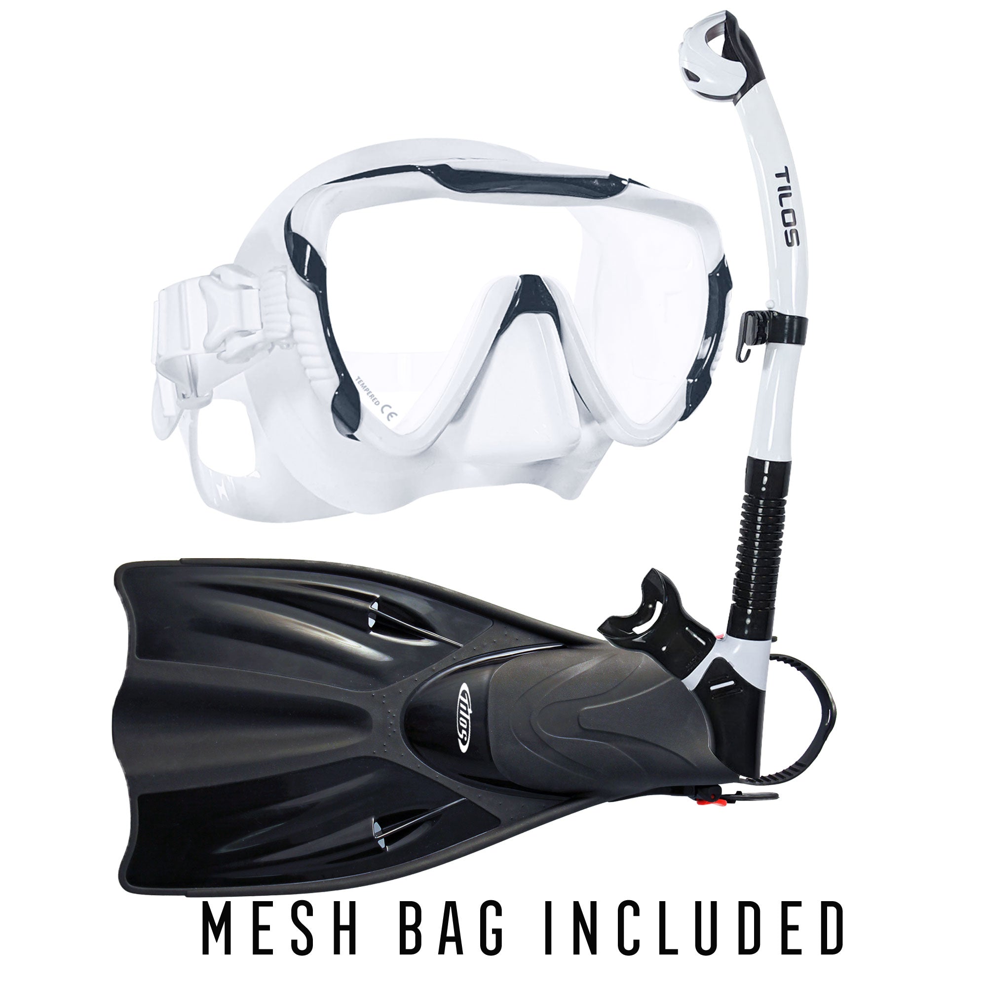 Tilos Morphi Mask with Orion Dry Snorkel and Getaway OH Fins Package in black — mask and snorkel set, alternate view