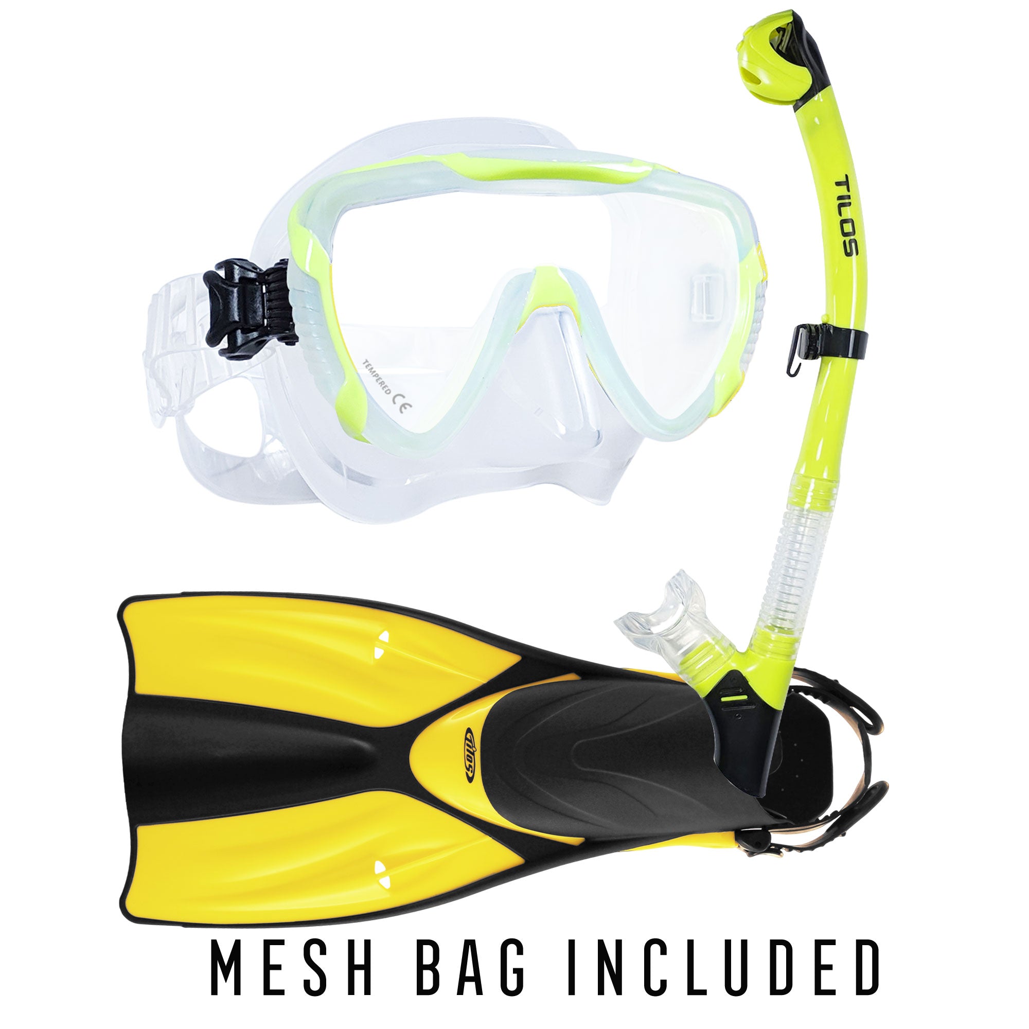 Tilos Morphi Mask with Orion Dry Snorkel and Getaway OH Fins Package in yellow — mask and snorkel set, alternate view