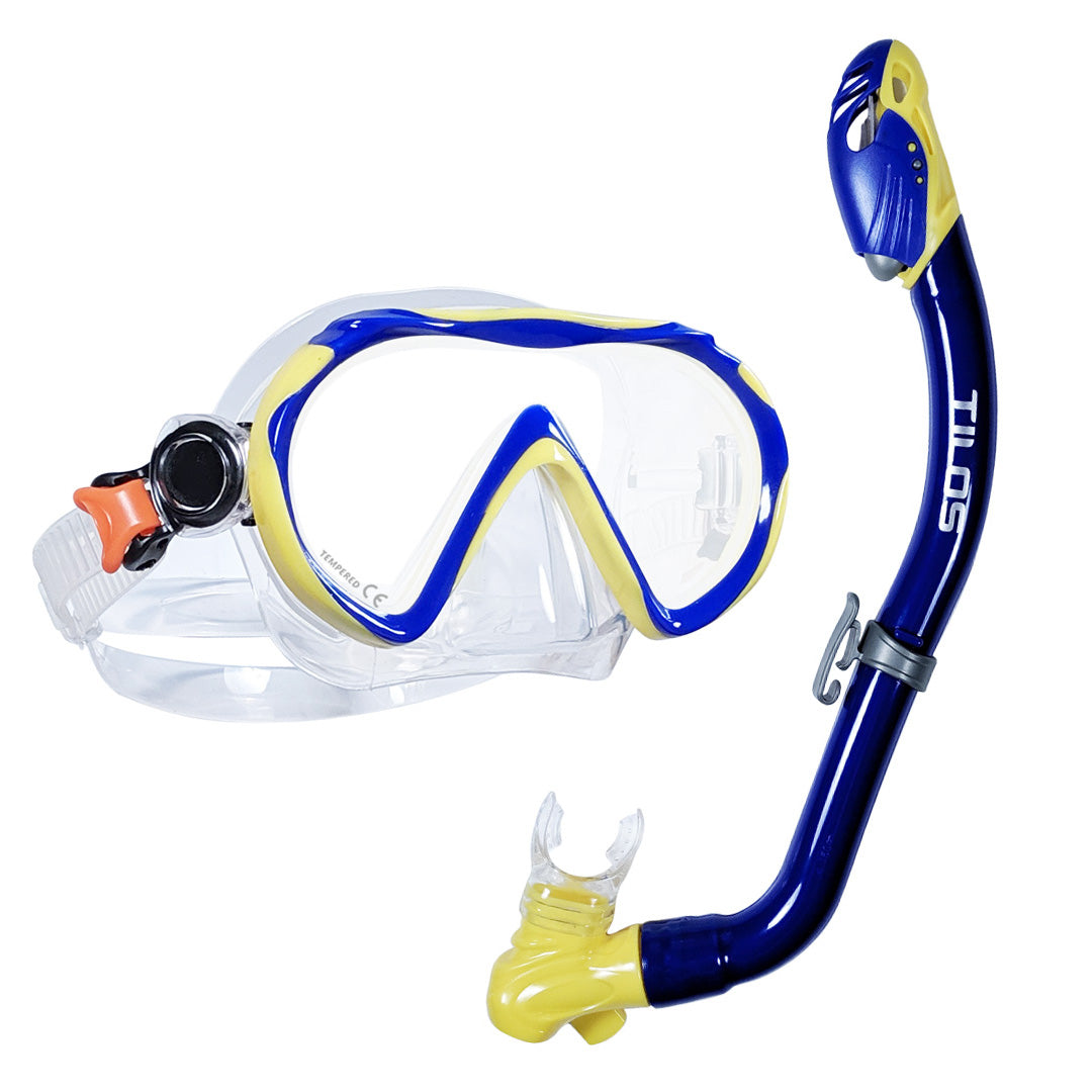 Tilos Jovie Mask with SOS Whistle Dry Snorkel Jr. Combo Set in blue — mask and snorkel set, alternate view