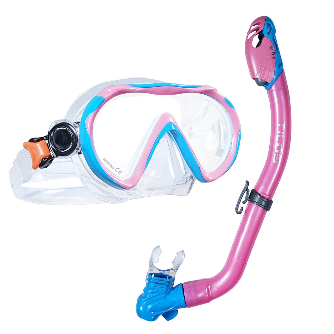 Tilos Jovie Mask with SOS Whistle Dry Snorkel Jr. Combo Set in pink — mask and snorkel set, alternate view