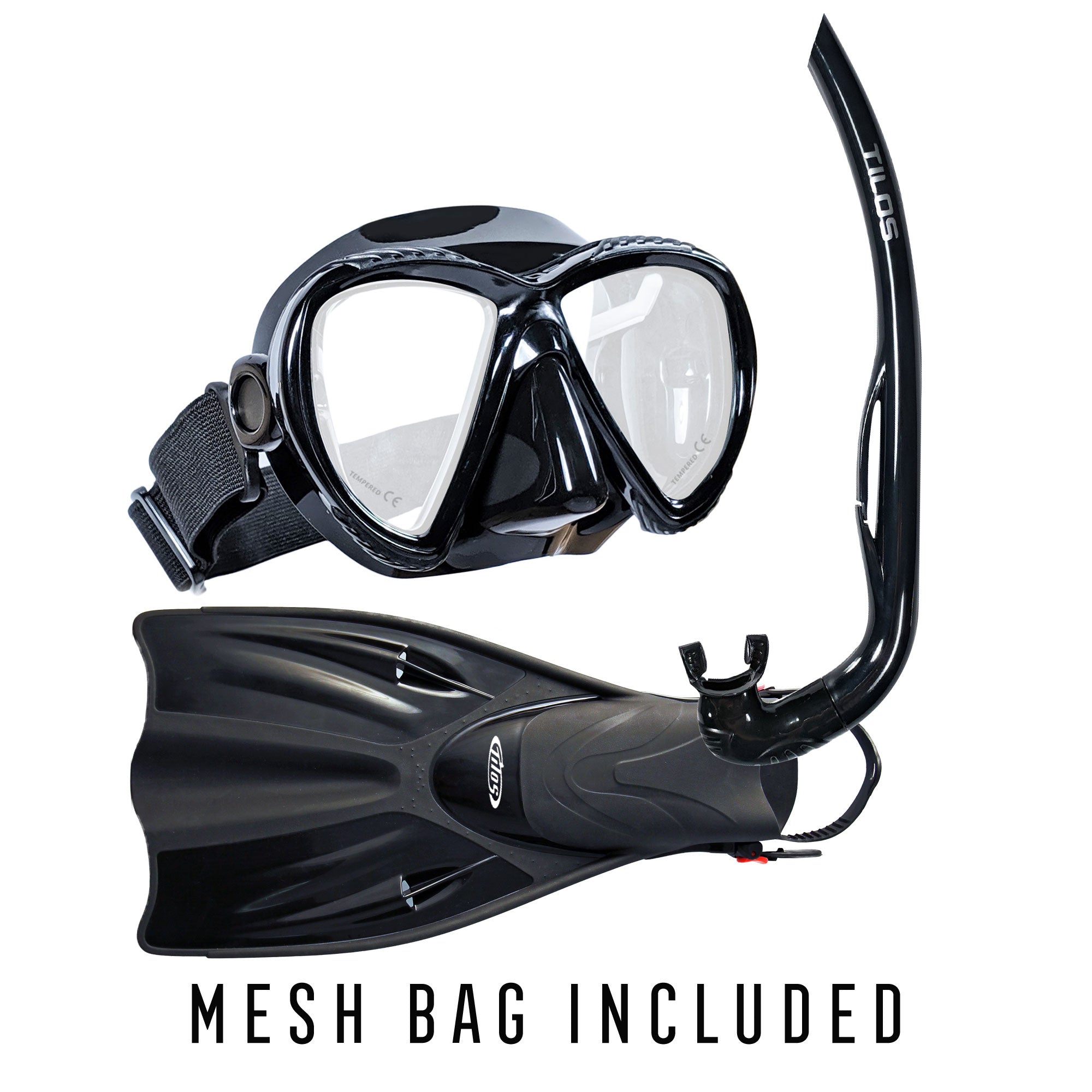 Tilos Cogito Mask with Basic J Snorkel and Getaway Fins in black — complete mask, snorkel, and fin set