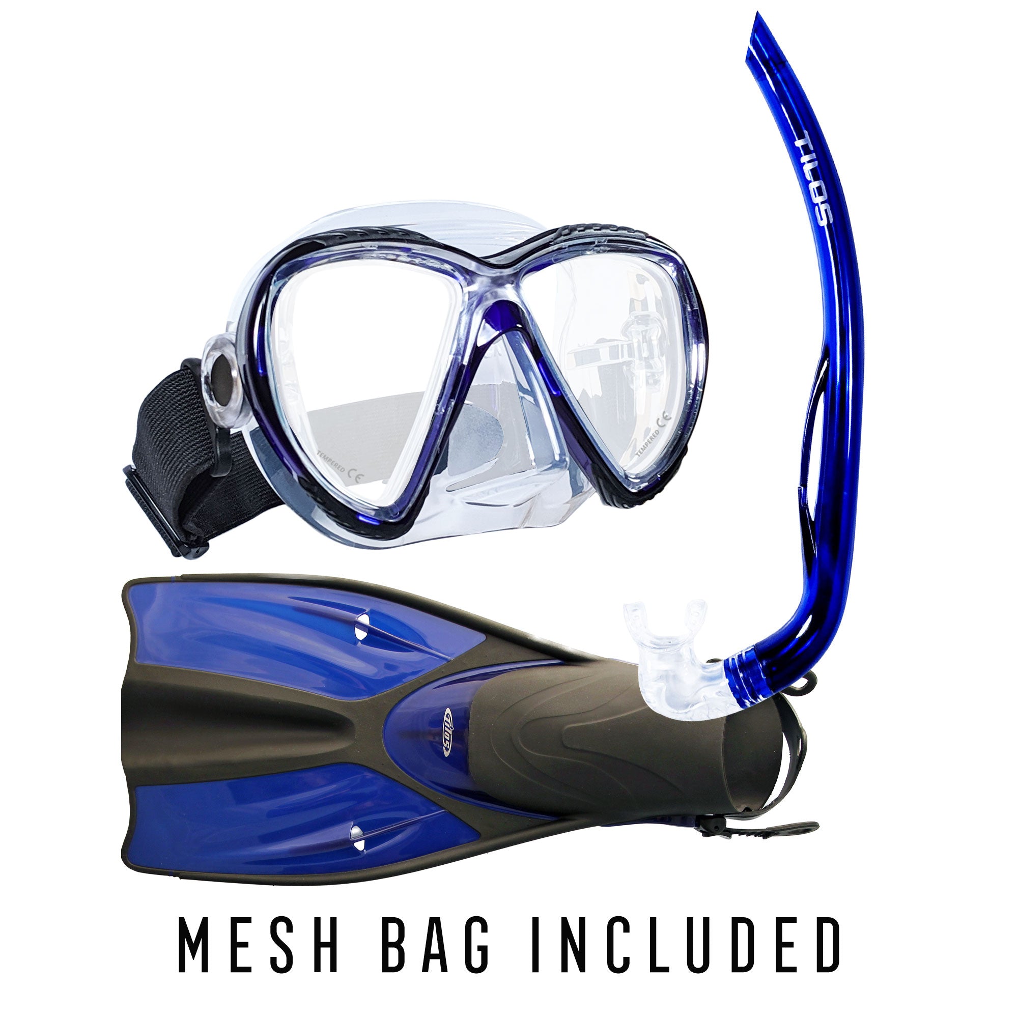 Tilos Cogito Mask with Basic J Snorkel and Getaway Fins in blue — set components detail view