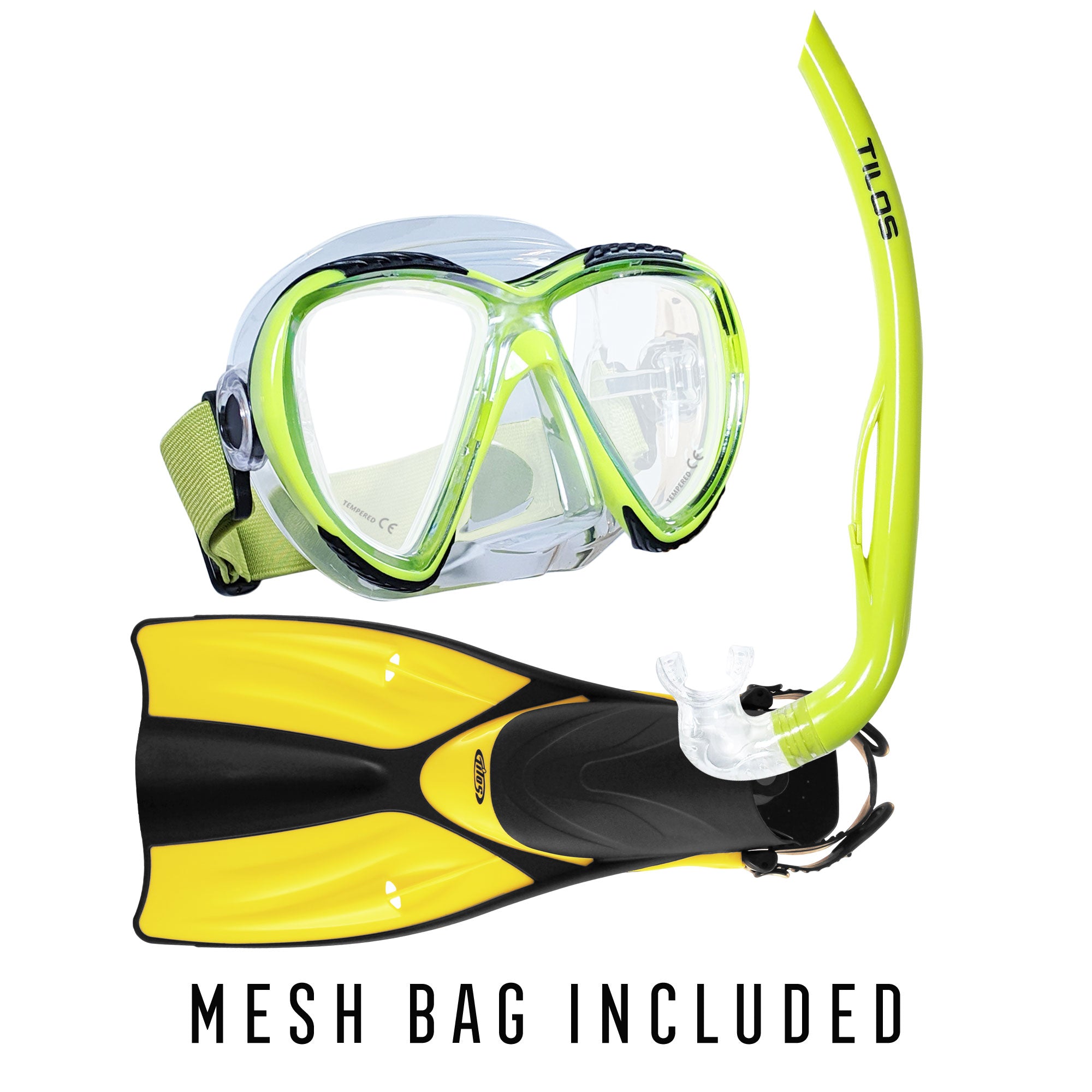 Tilos Cogito Mask with Basic J Snorkel and Getaway Fins in yellow — set components detail view