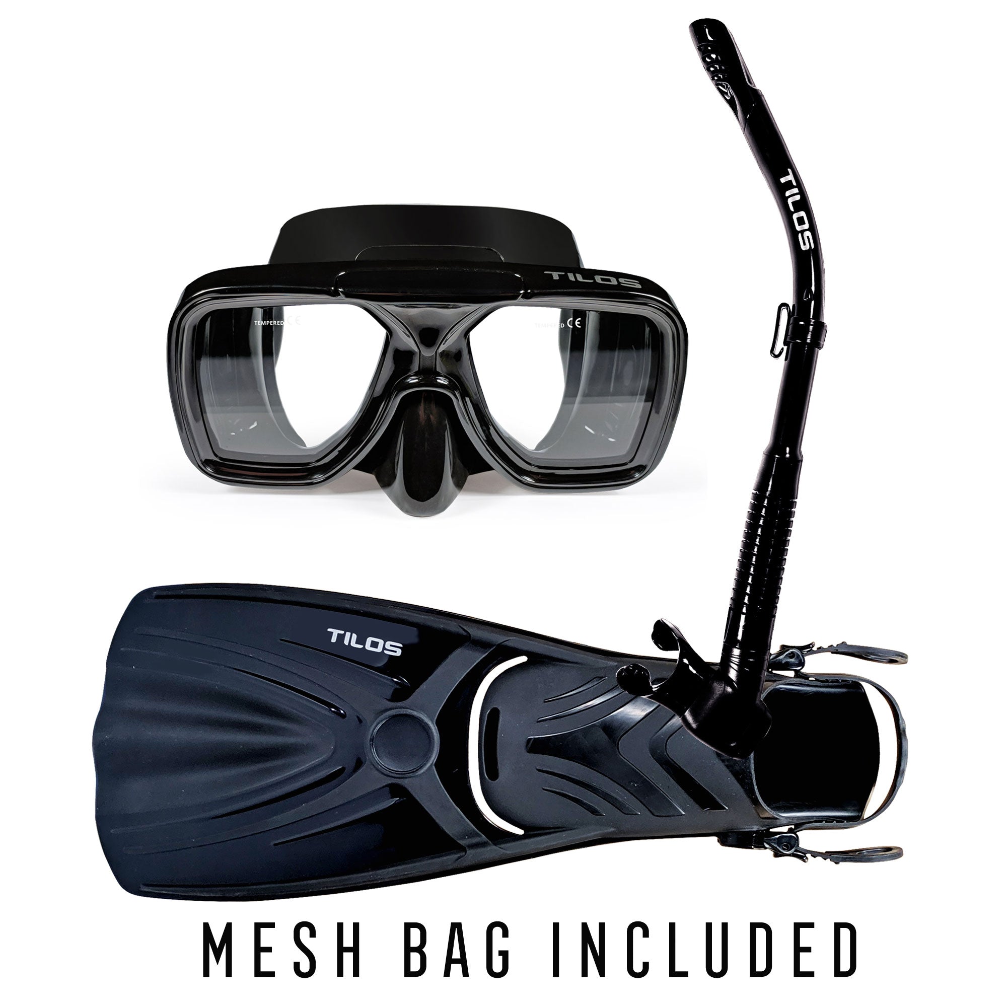Tilos Universal Plus Mask, Hi-Flow II Snorkel and Aubade Fins Set in black — set components detail view