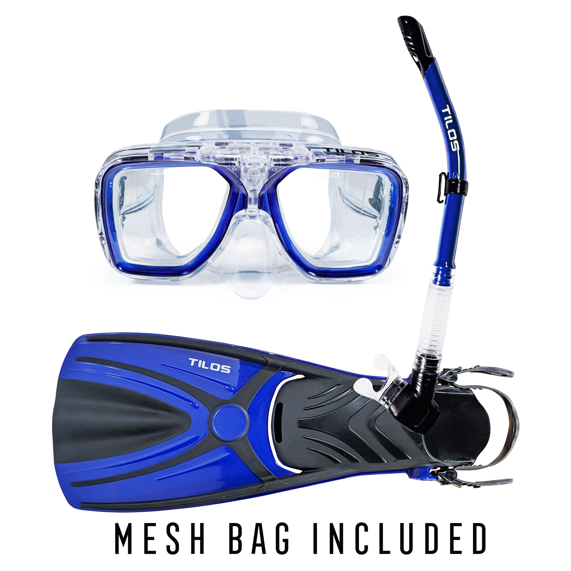 Tilos Universal Plus Mask, Hi-Flow II Snorkel and Aubade Fins Set in blue — set components detail view