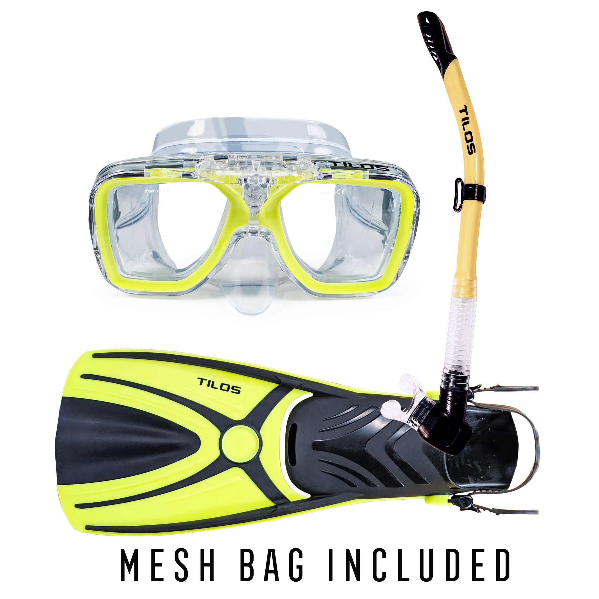 Tilos Universal Plus Mask, Hi-Flow II Snorkel and Aubade Fins Set in yellow — complete mask, snorkel, and fin set