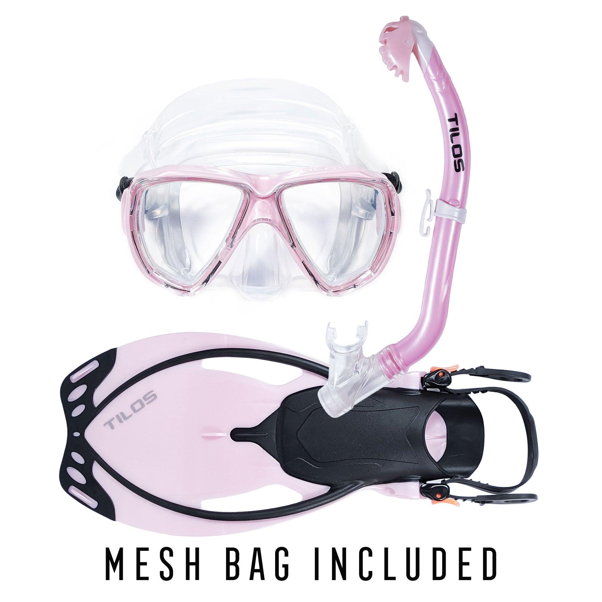 Tilos Cyclops Mask with Oracle Snorkel and Vulcan Fins Jr. Package in pink — complete mask, snorkel, and fin set