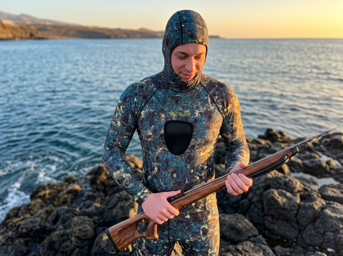 Freediver holding a speargun on volcanic shoreline rocks wearing the hooded Tilos Spearfishing Shirt in oceanic green camo