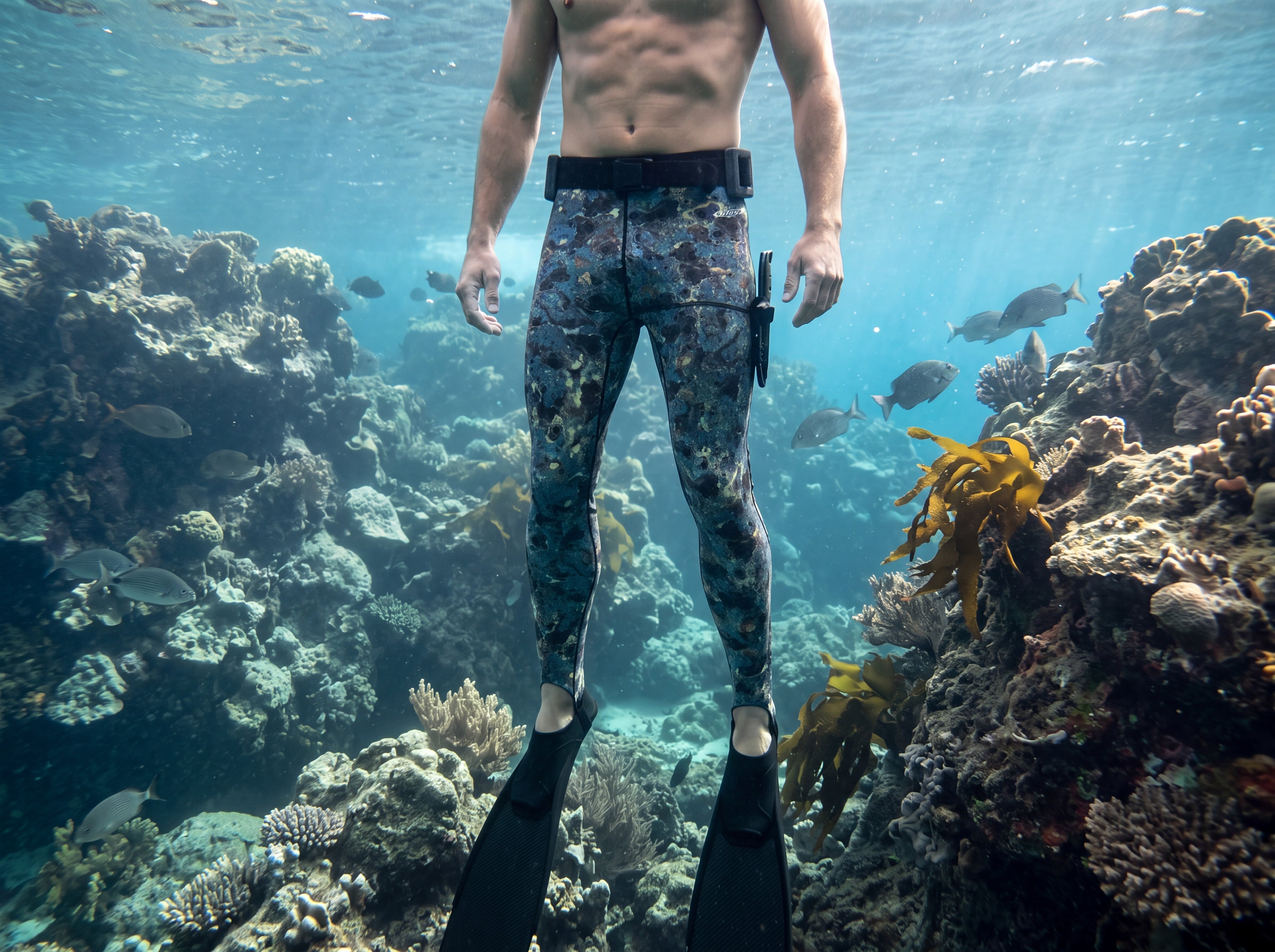 Freediver wearing Tilos green reef-camo Spearfishing Pants hovering in a kelp forest