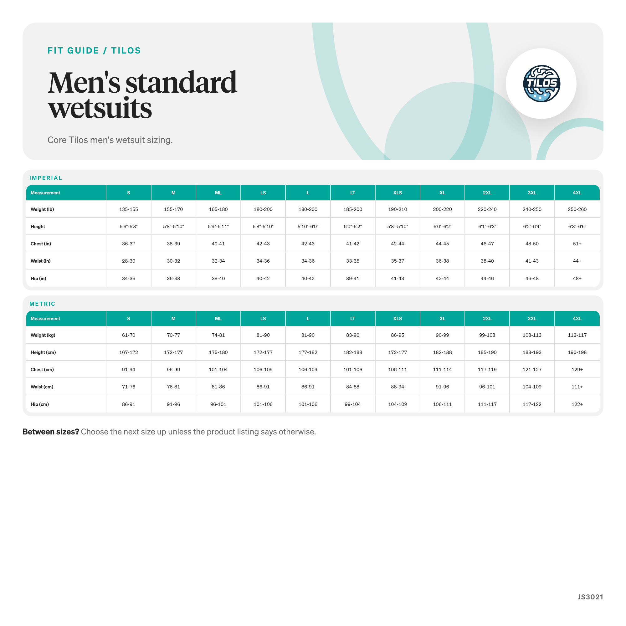 Tilos 3/2mm Jumpsuit w/Supratex Knee size guide