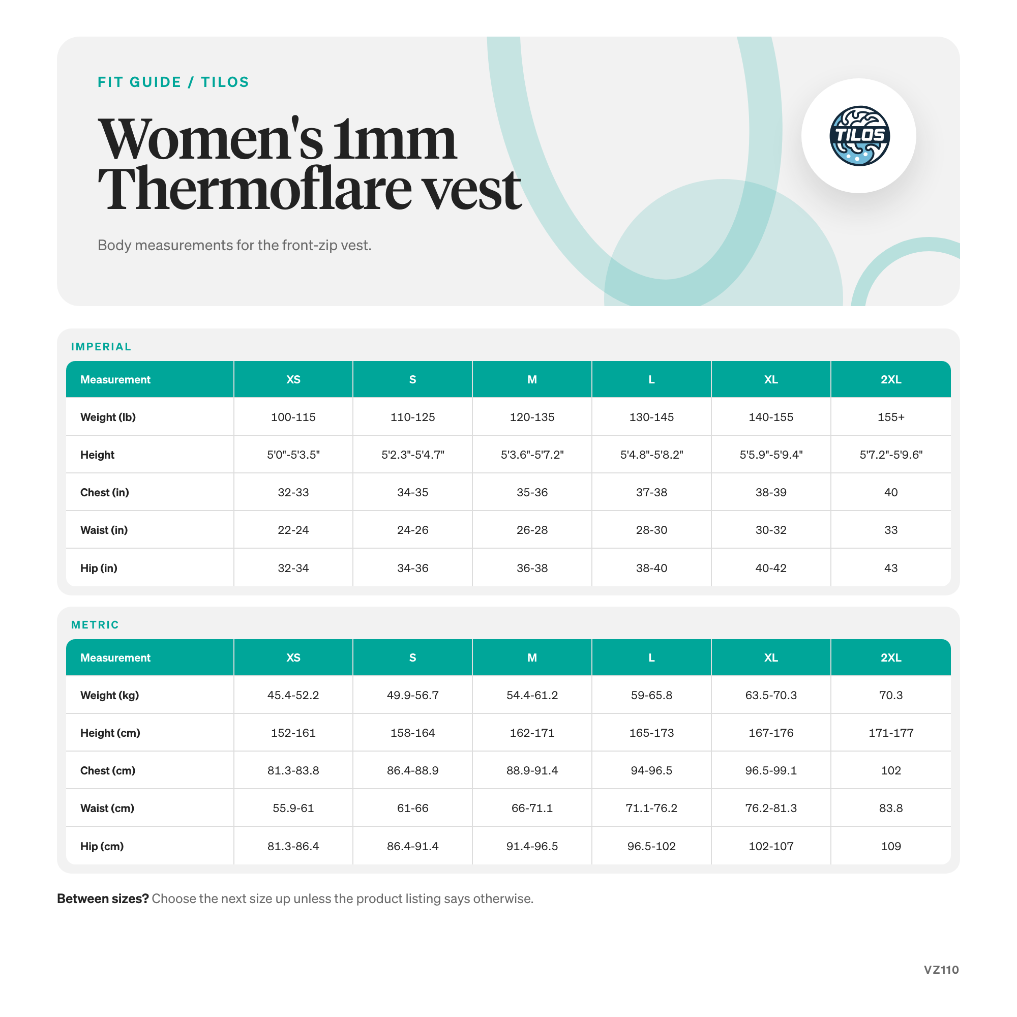 Tilos 1mm Ladies Thermoflare Zip Vest size guide