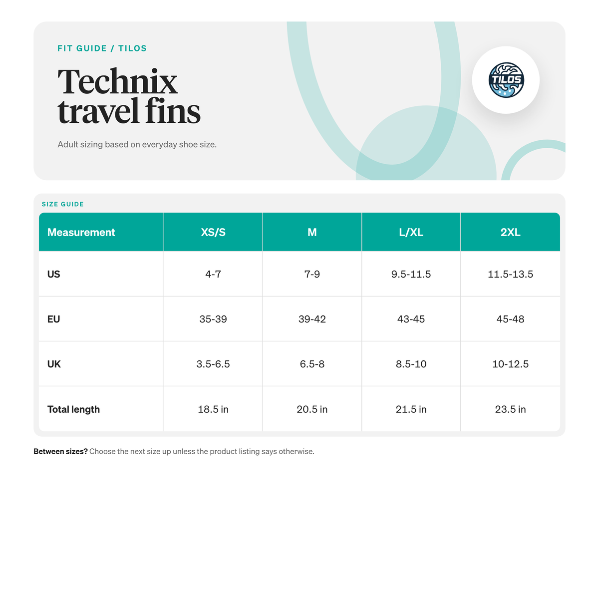 Tilos Technix travel fins fit guide table listing US, EU and UK size ranges and total fin length for each size