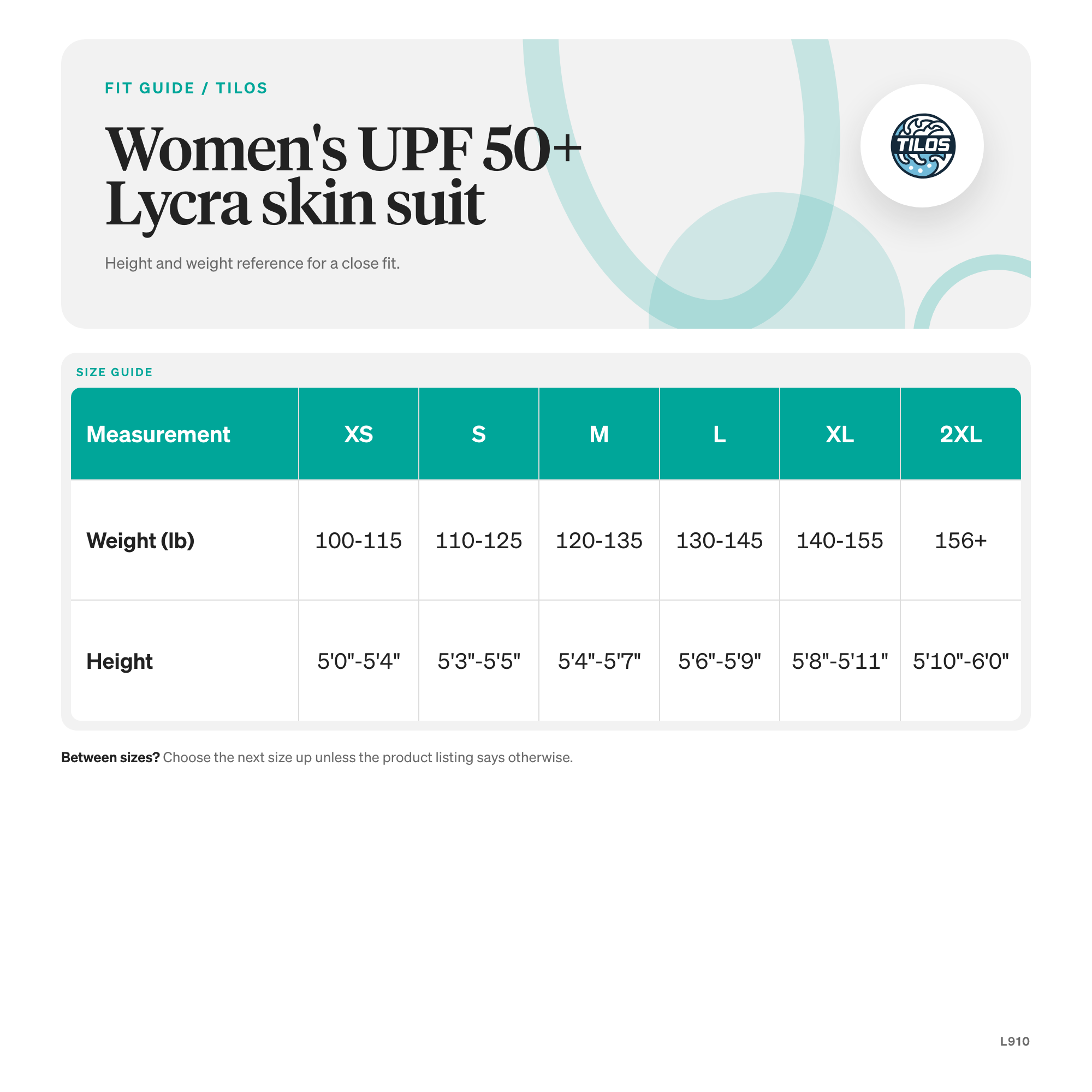 Tilos Women’s UPF 50+ Lycra Skin Suit size guide
