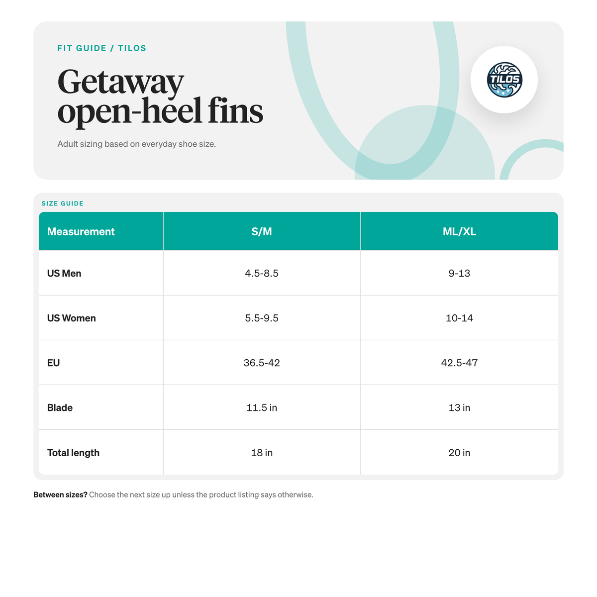 Tilos Getaway Wide Toe Box Snorkeling Fins size guide