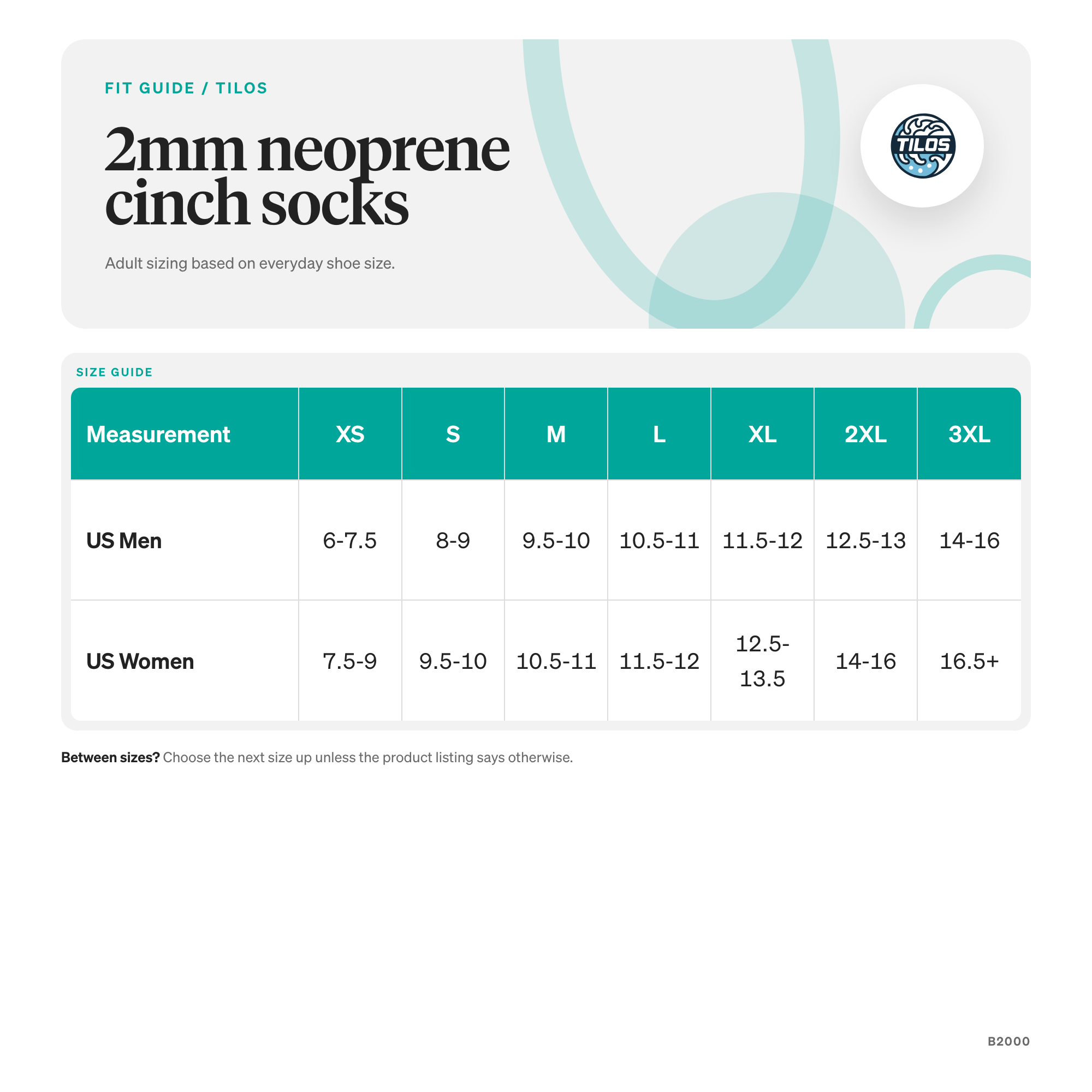 Tilos 2mm Mid-High Top Socks w/ Velcro Straps size guide