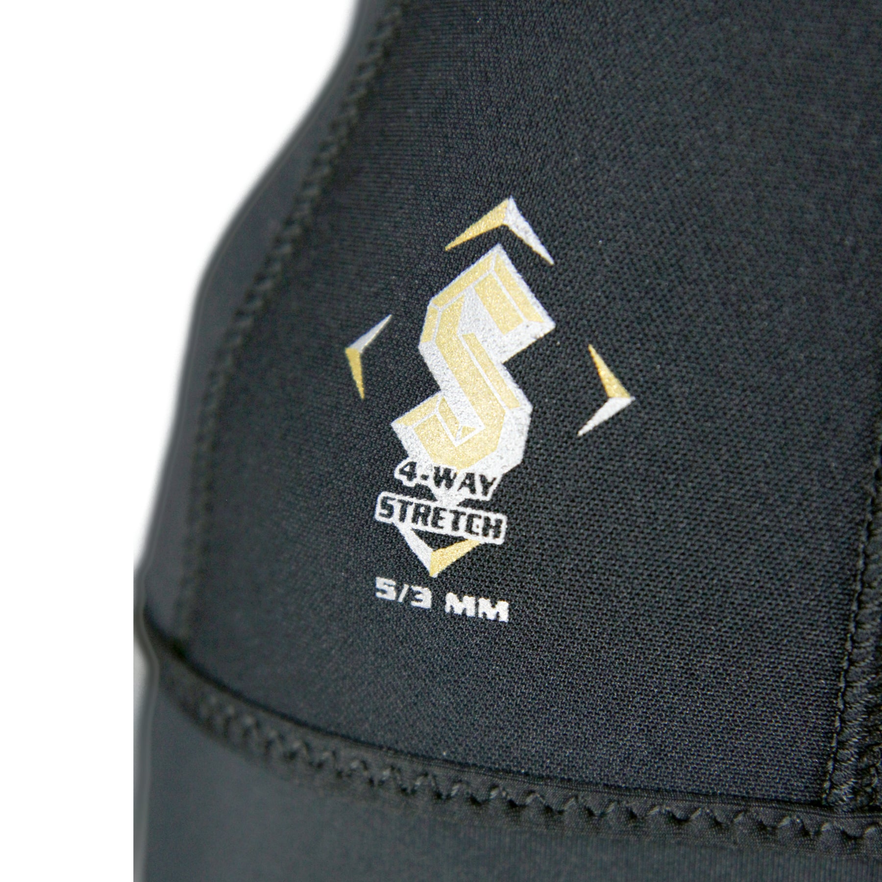 Close-up of the Tilos 5/3mm Superstretch hooded vest neoprene fabric showing the 4-way SuperStretch logo detail