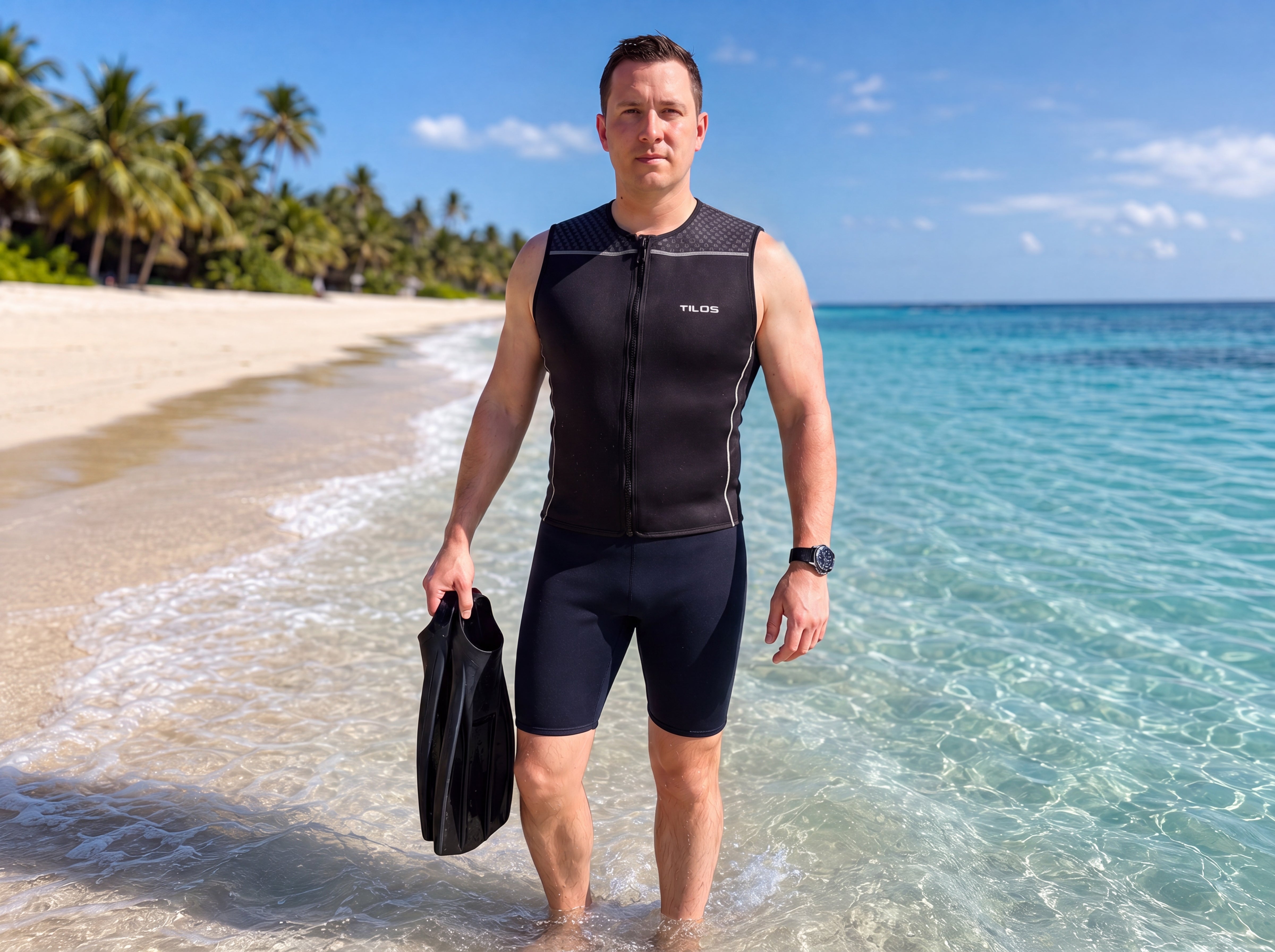 Diver wading into shallow tropical water carrying fins, wearing the Tilos 1mm Mens Thermoflare Front Zip Vest