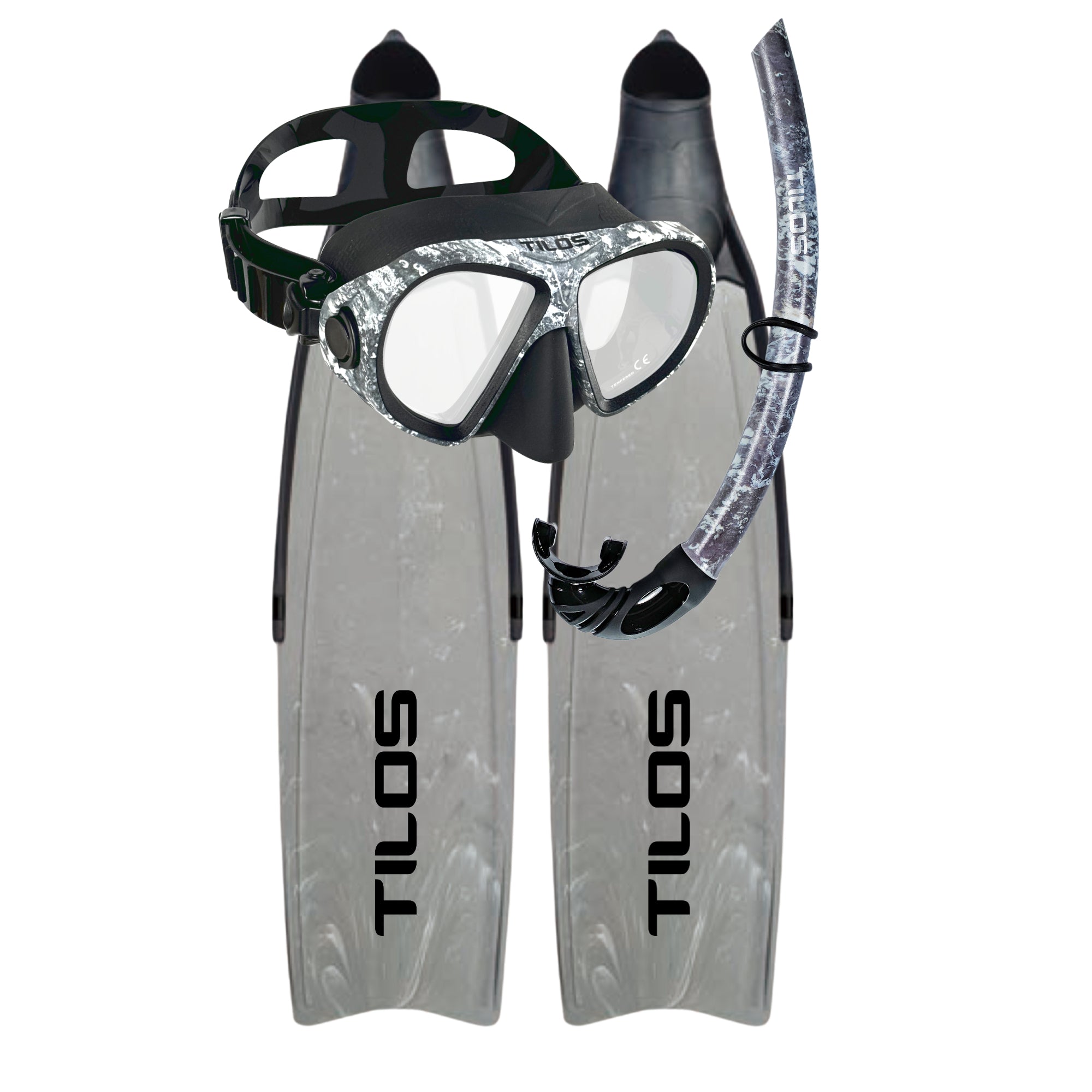 Tilos Aquastalk Mask, Spawn Semi-Dry Snorkel and Syryn Freediving Fins — set components detail view