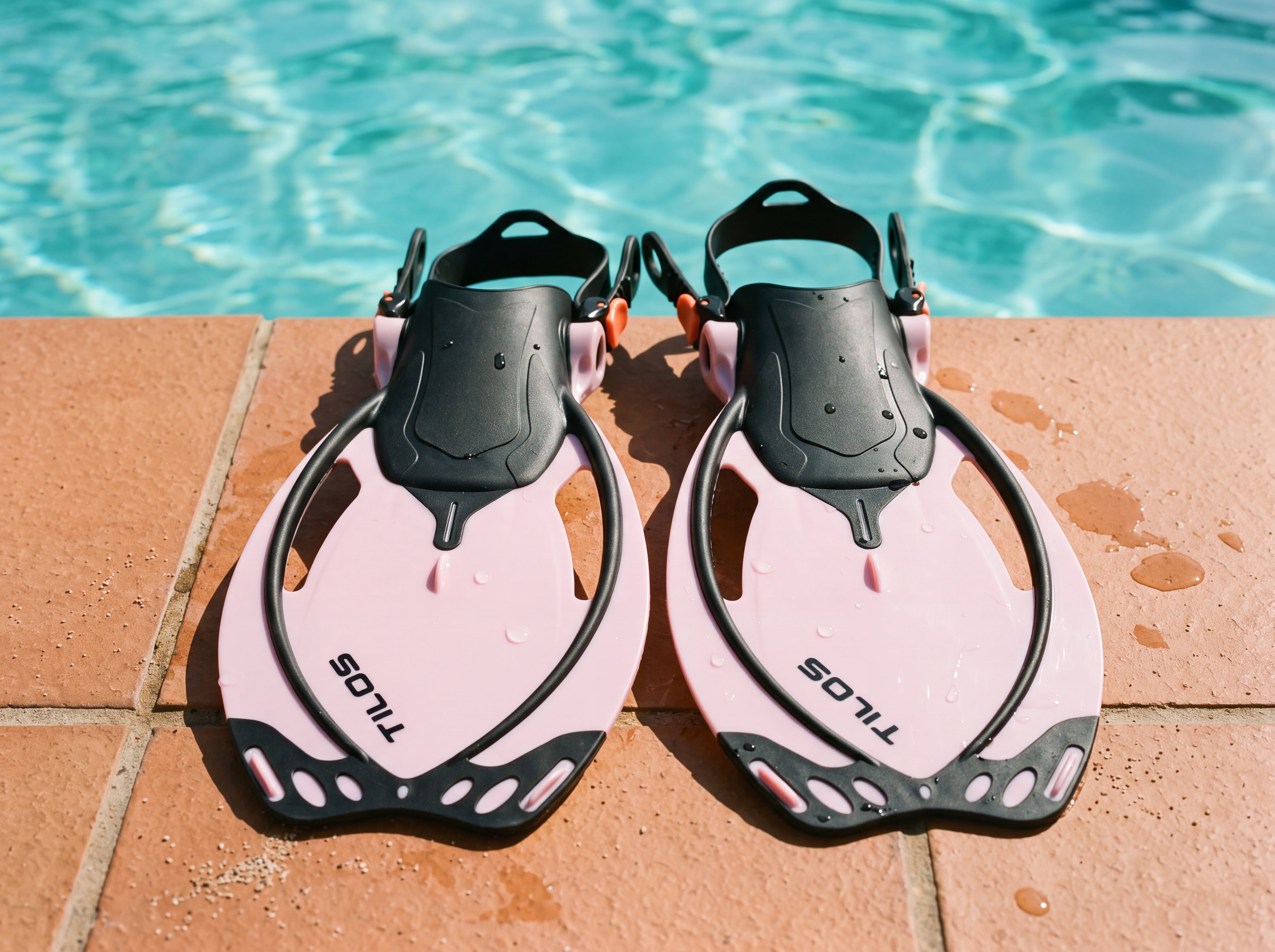Tilos Vulcan Jr pink kids snorkel fins poolside