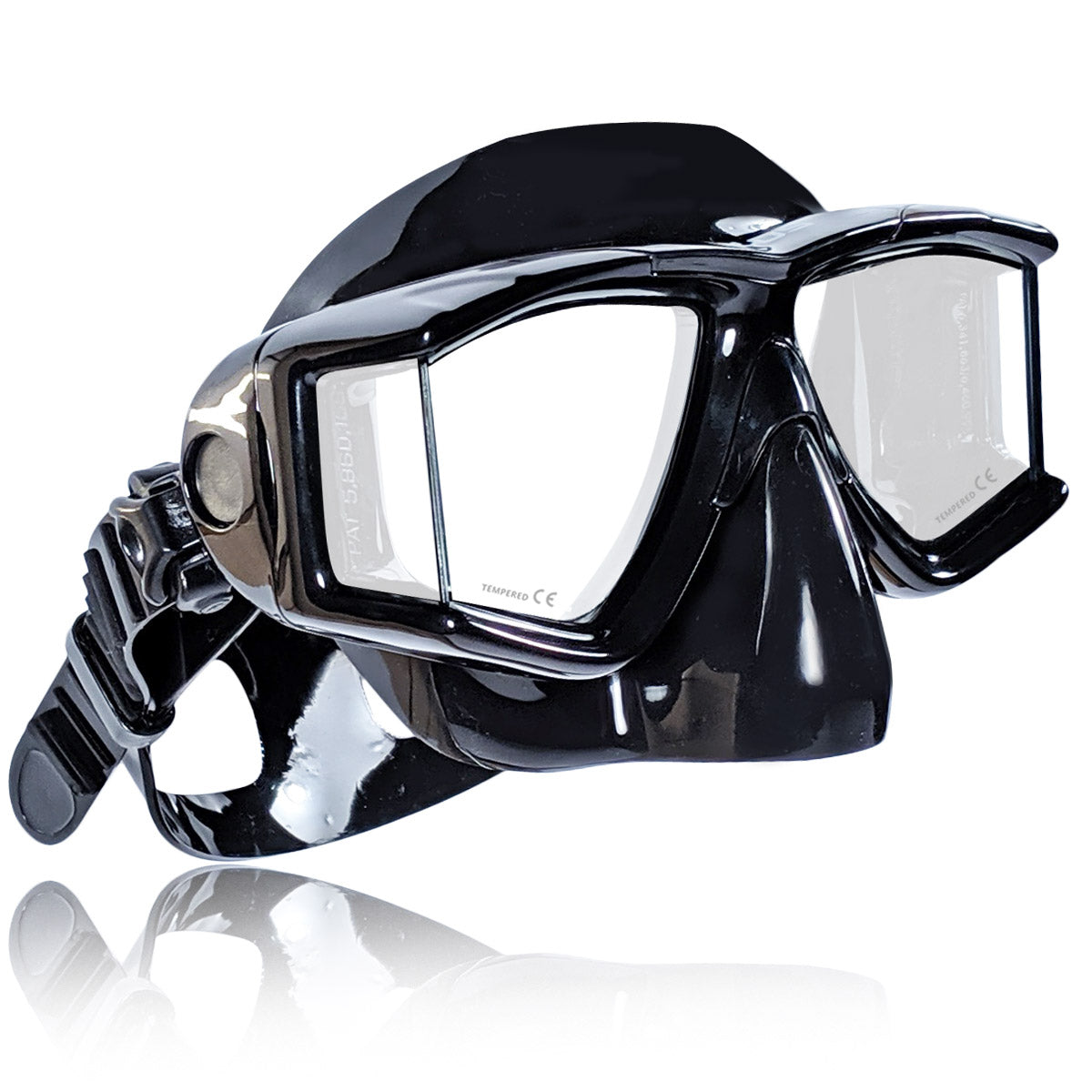 Tilos Double Lens Panoramic Mask in black — side profile showing skirt and strap