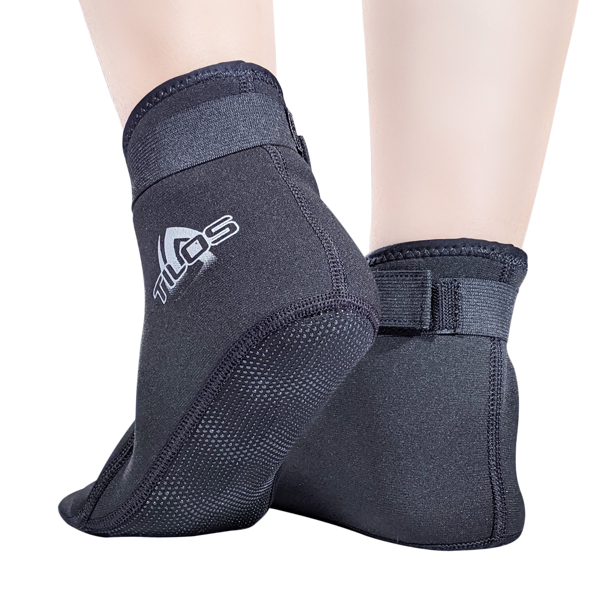 Tilos 2mm Mid-High Top Socks in black — water sock showing neoprene upper and sole