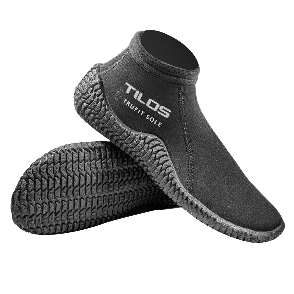 Tilos 3mm Low Cut Trufit Beach Boot in black — dive boot showing neoprene upper and rubber sole