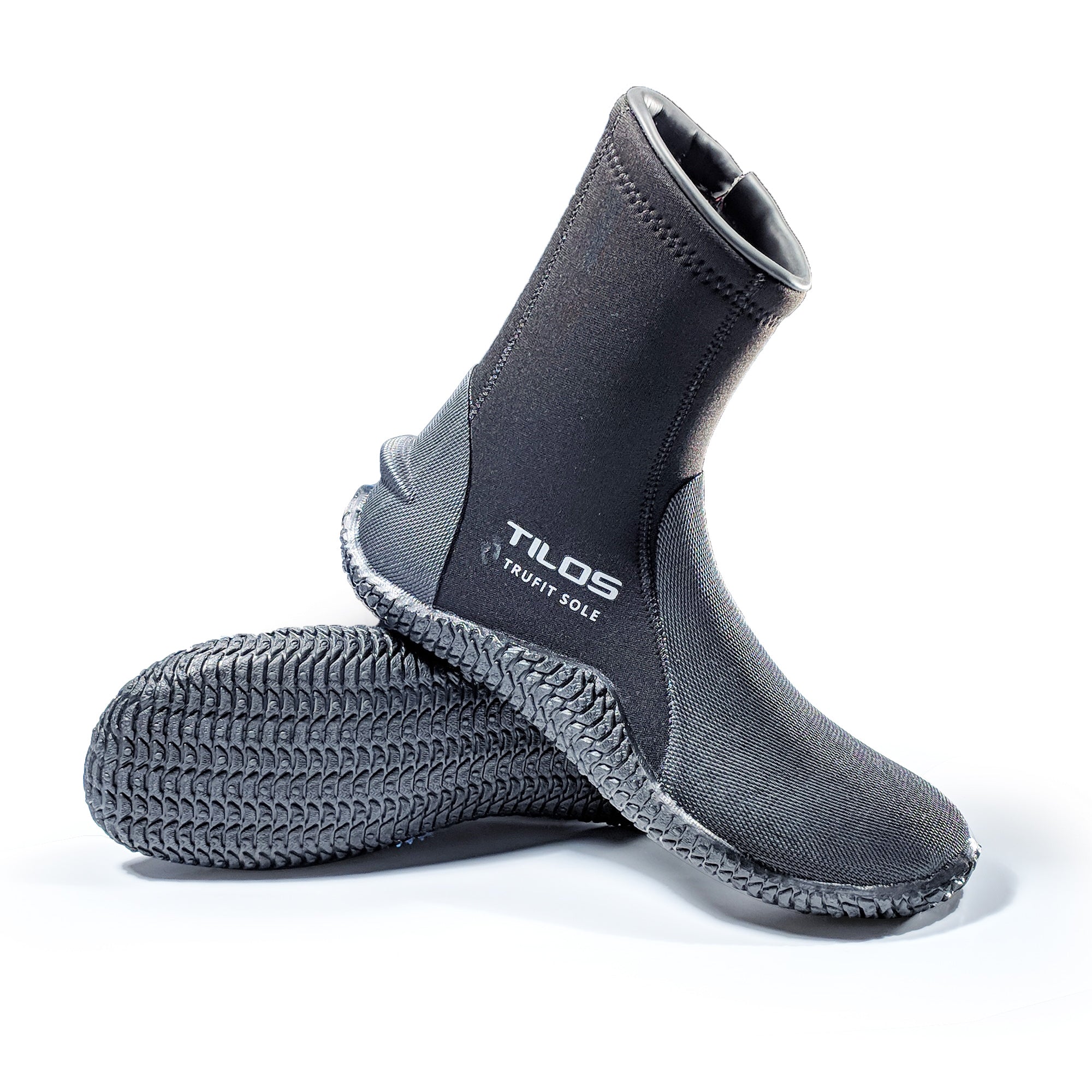Tilos 5mm Thermoflare Semi-Dry Trufit Boot in black — dive boot showing neoprene upper and rubber sole