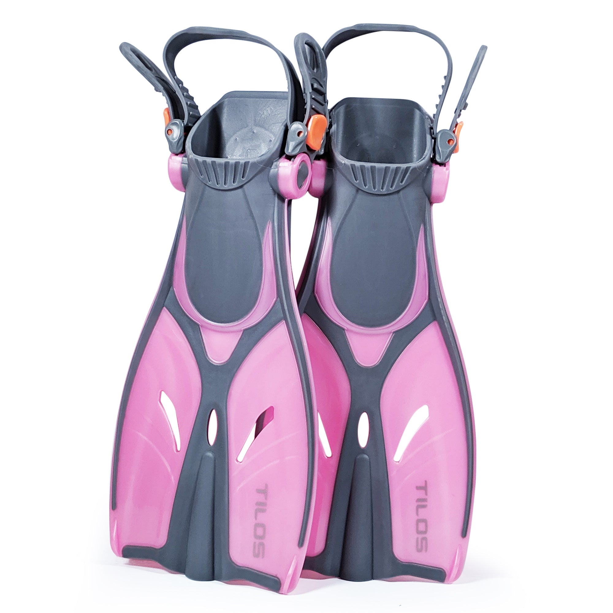 Tilos Kids Jovie Open Heel Snorkeling Fin in pink — kids fin showing blade and adjustable foot pocket