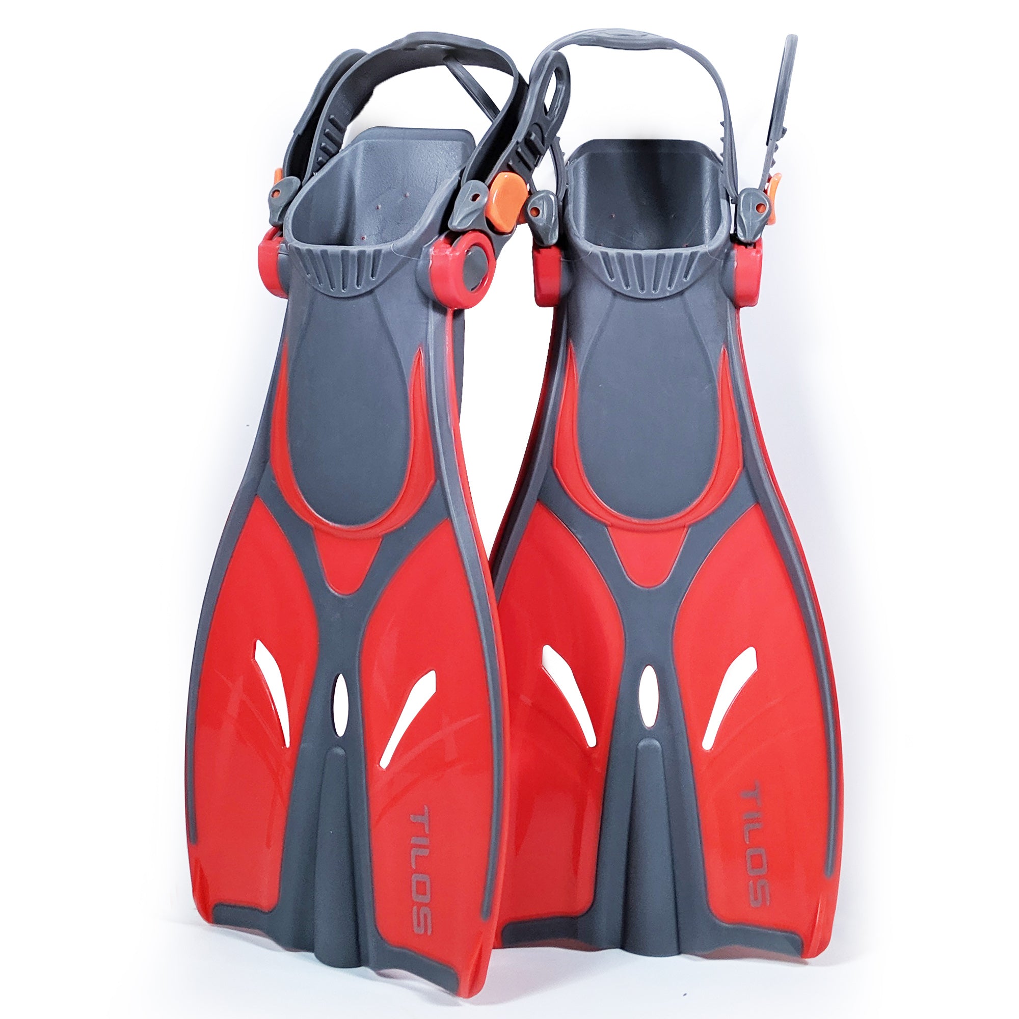 Tilos Kids Jovie Open Heel Snorkeling Fin in red — kids fin showing blade and adjustable foot pocket