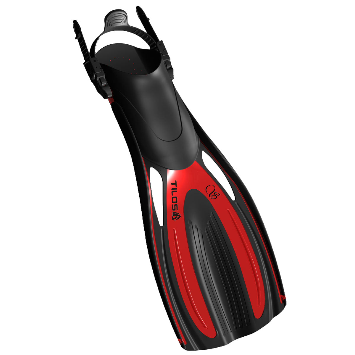 Tilos Saber Open Heel Fin in red — open heel fin, front view showing blade and foot pocket