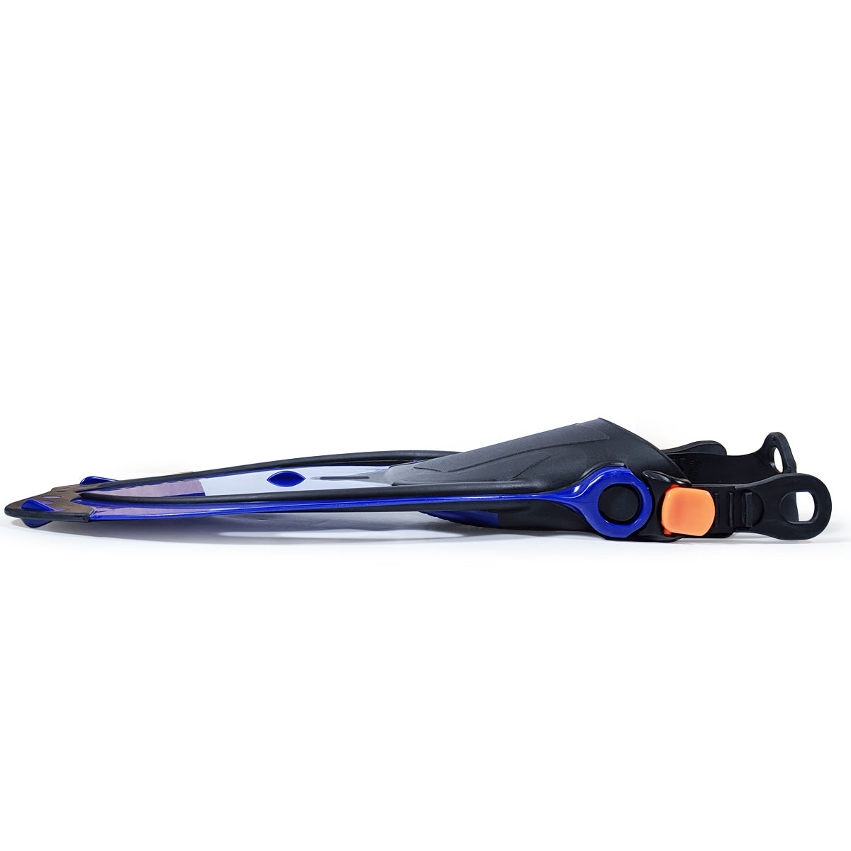 Tilos Vulcan Jr Open Heel Fin in blue — kids fin showing blade and adjustable foot pocket
