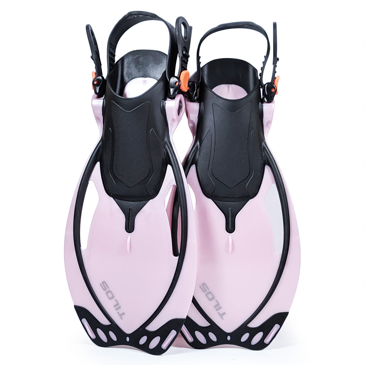 Tilos Vulcan Jr Open Heel Fin in pink — kids fin showing blade and adjustable foot pocket