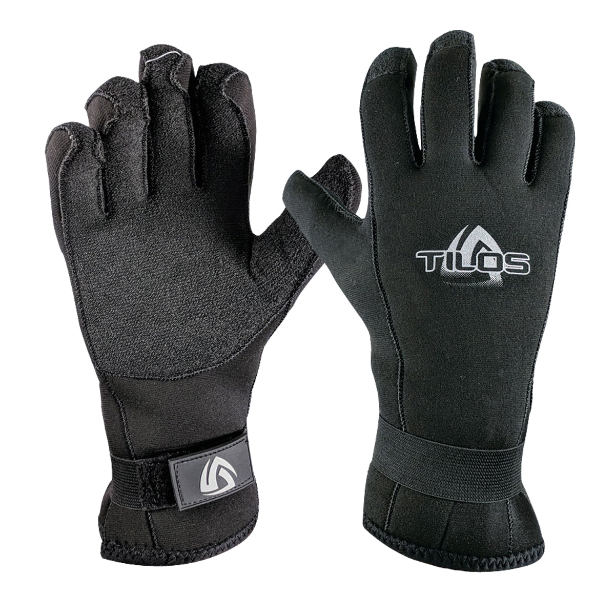 Tilos 3mm Rhinoskin Velcro Gloves in black — neoprene dive glove, back of hand view