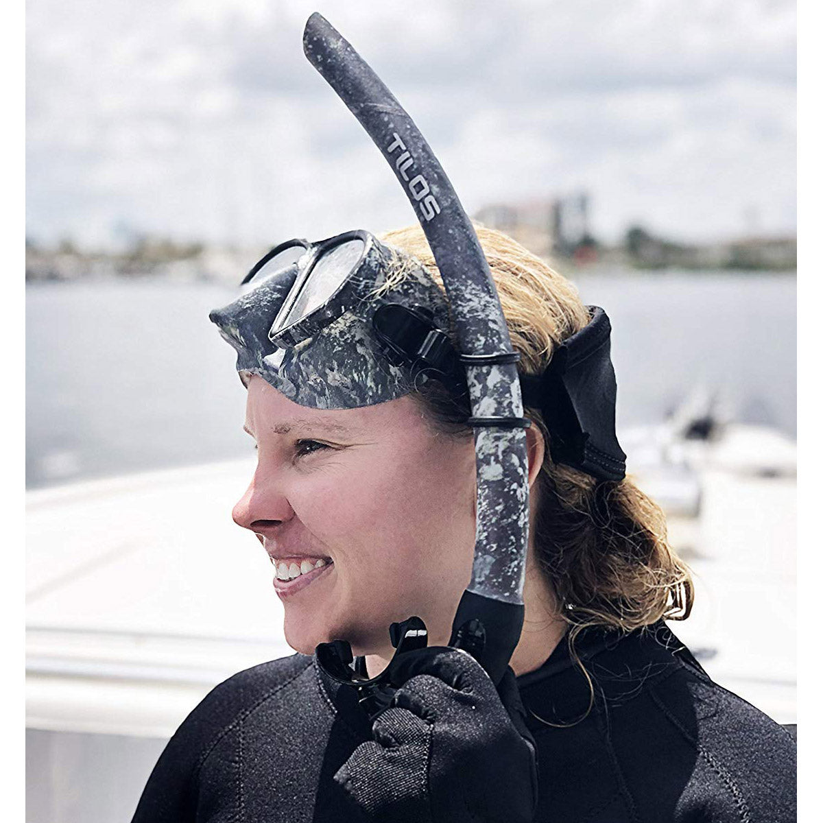 Tilos Spawn Camo Open-Top Snorkel — front view showing lens and silicone skirt