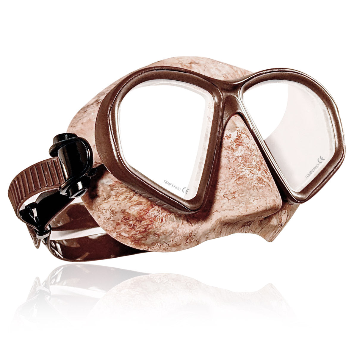 Tilos Spawn Camo Spearfishing Mask — side profile showing skirt and strap