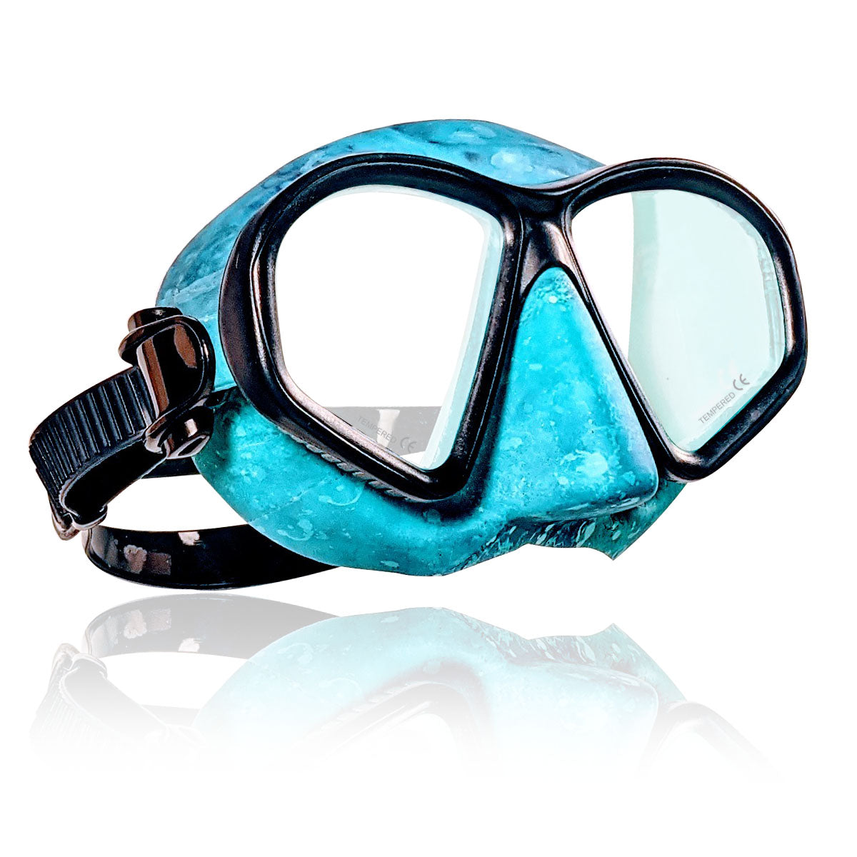Tilos Spawn Camo Spearfishing Mask in blue — side profile showing skirt and strap