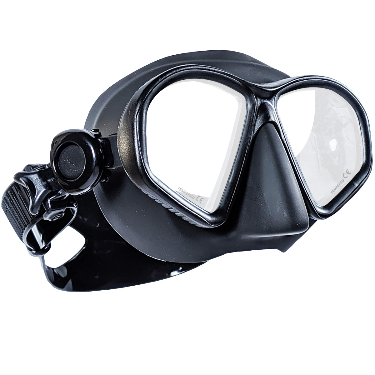 Tilos Spawn Camo Spearfishing Mask in black — front view showing lens and silicone skirt