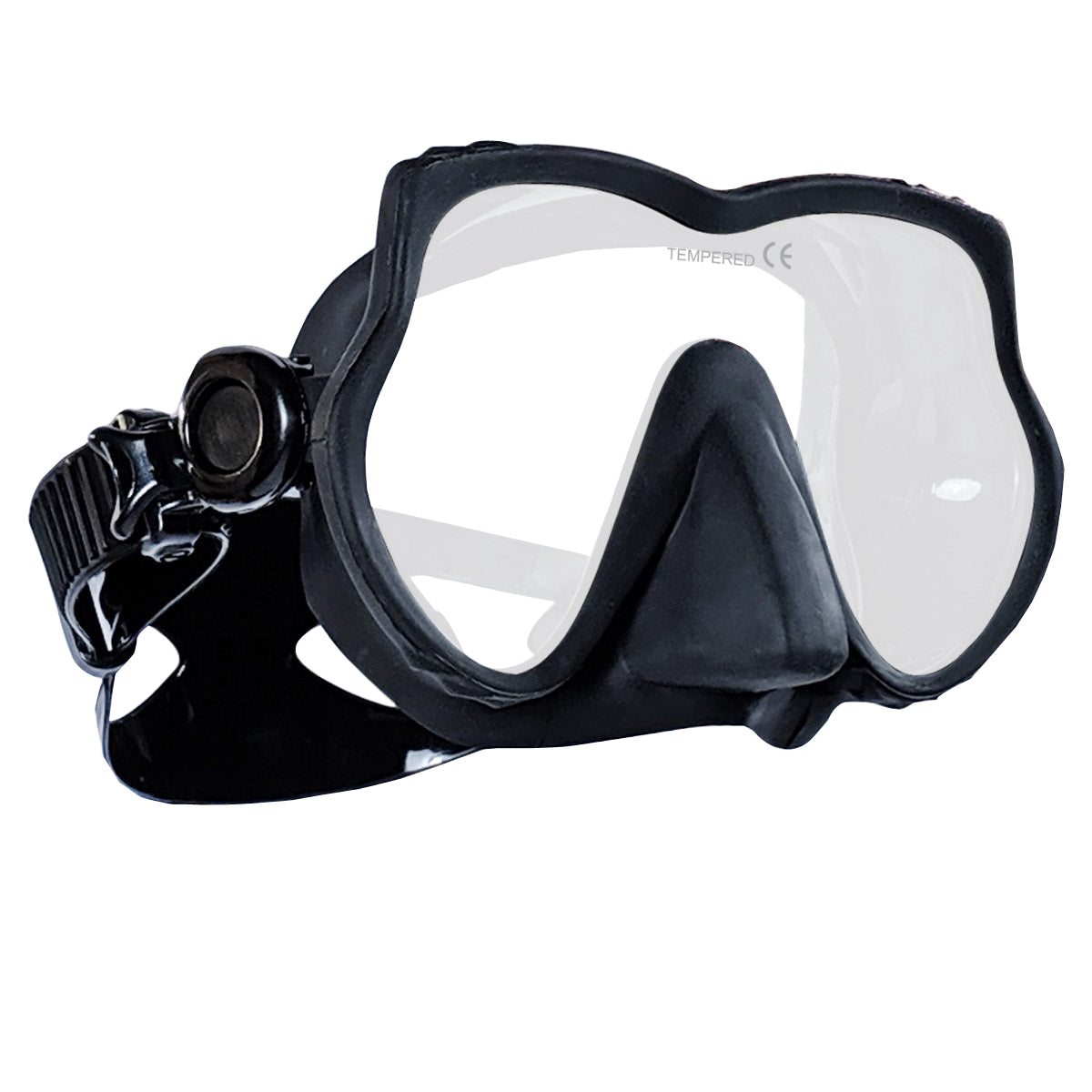 Tilos Excel Single Lens Dive Mask in black — front view showing lens and silicone skirt