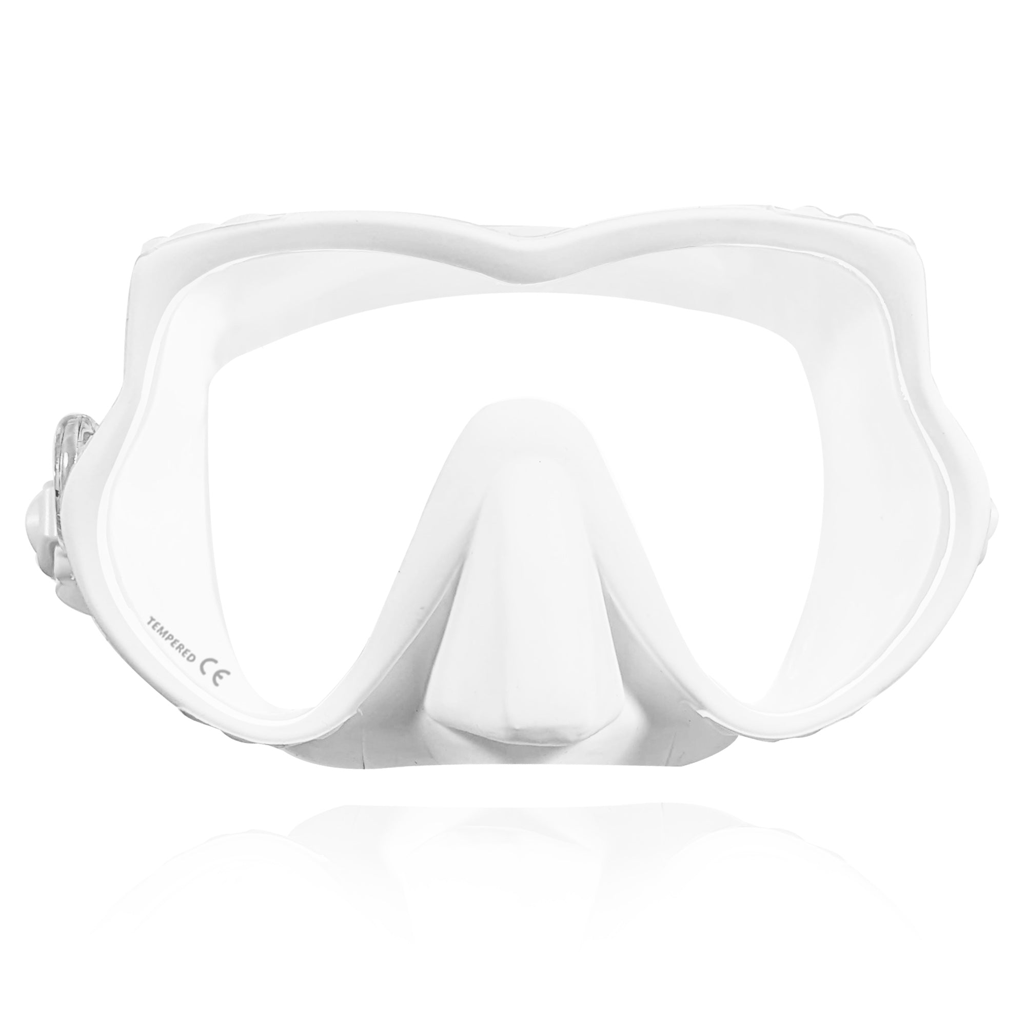 Tilos Excel Single Lens Dive Mask in white — front view showing lens and silicone skirt
