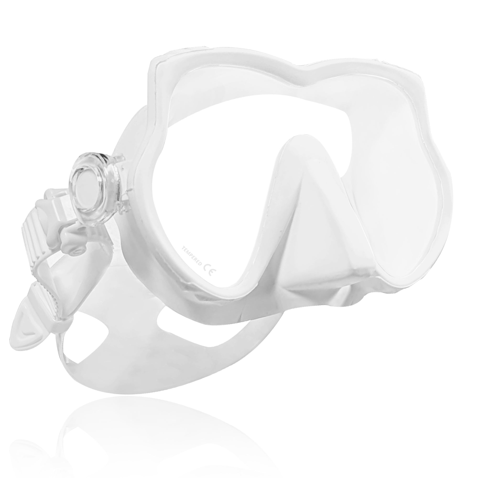 Tilos Excel Single Lens Dive Mask in white — side profile showing skirt and strap