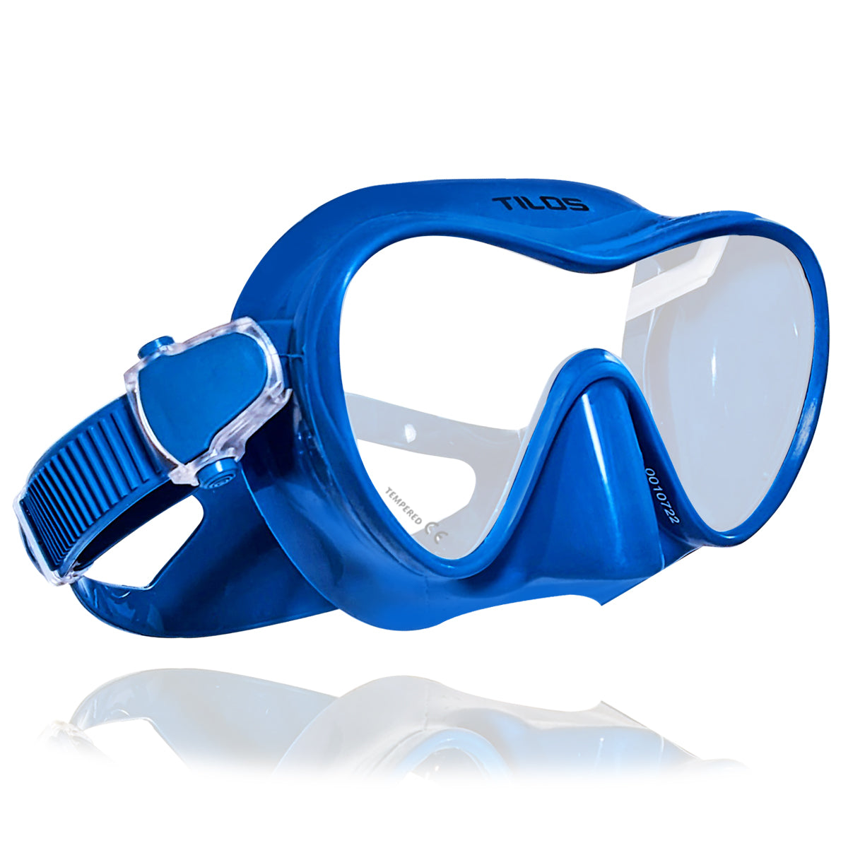 Tilos CoveOps Frameless Mask in blue — front view showing lens and silicone skirt