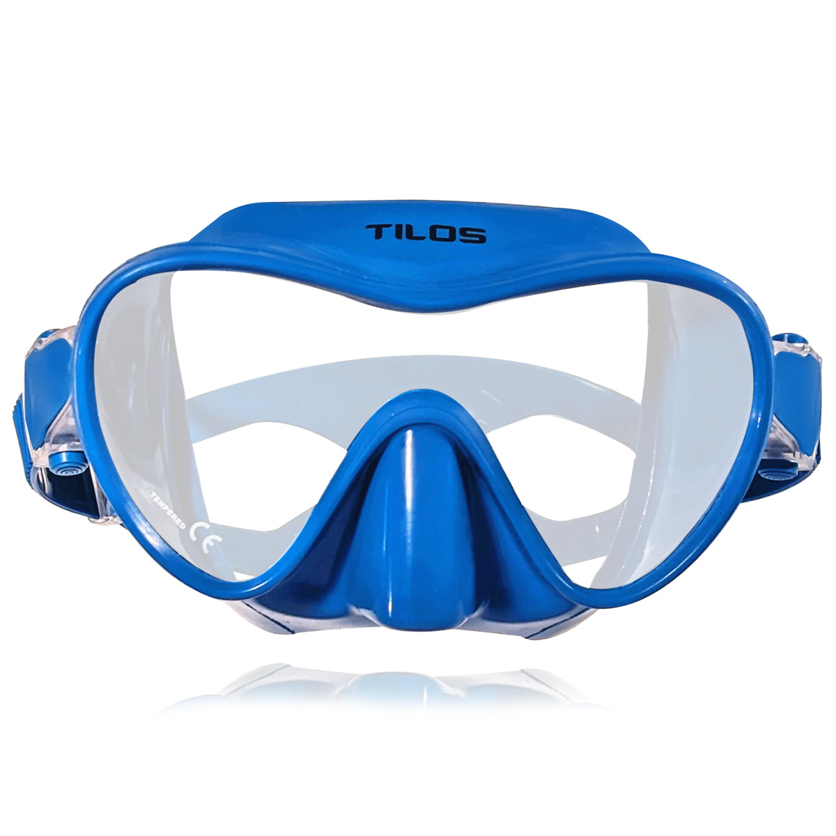 Tilos CoveOps Frameless Mask in blue — front view showing lens and silicone skirt
